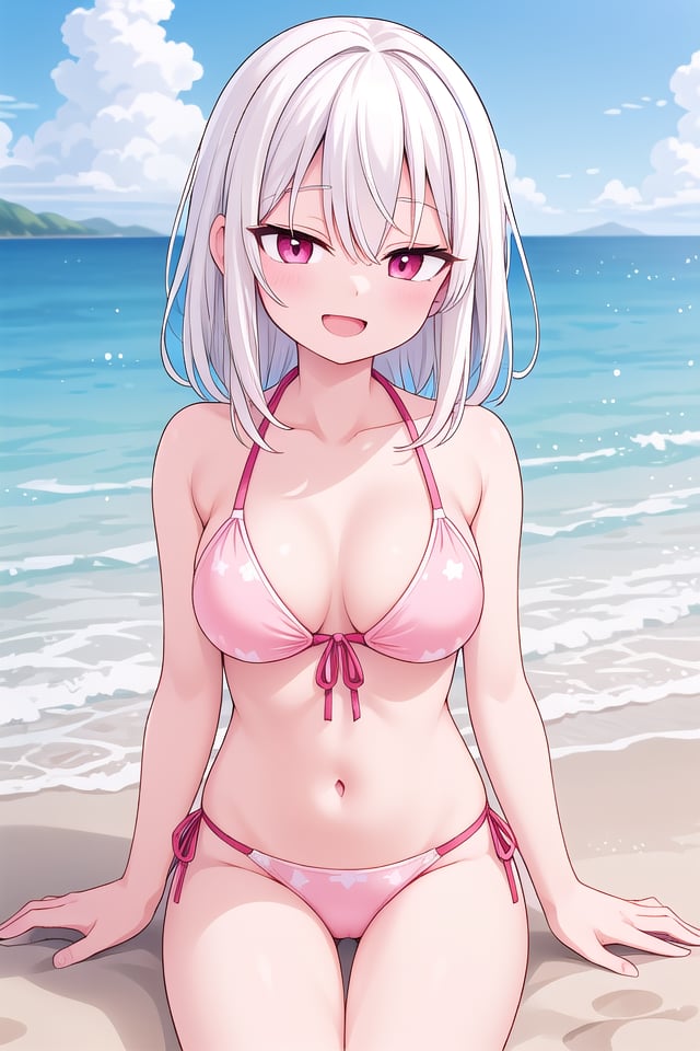 insanely detailed, absurdres, ultra-highres, ultra-detailed, best quality,(wearing pastel pink bikini:1.2),1 girl, solo, happy smile, laugh, open mouth,BREAKsitting on beach, dynamic pose, cowboy shot, looking at viewer,slender, kawaii, perfect symmetrical face, ultra cute girl, ultra cute face, ultra detailed eyes, ultra detailed hair, ultra cute, ultra beautiful,BREAKbeach, coast, ocean, blue sky, cloud, outdoor, ultra detailed background,medium large breastsBREAK(white hair:1.3), medium hair, dark red eyes