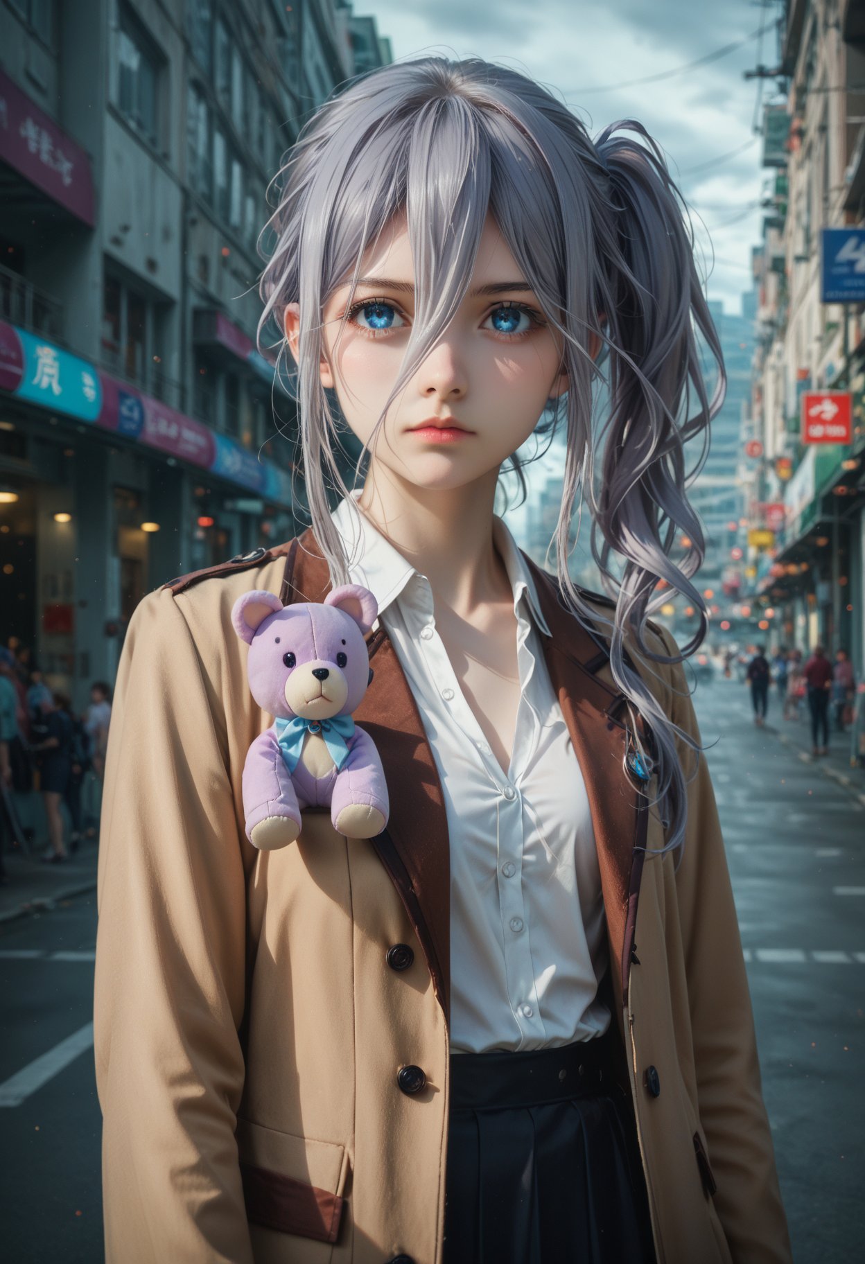 1girl,black hair,blue eyes,brown jacket,expressionless,eyes visible through hair,grey hair,jacket,long hair,looking at viewer,open clothes,outdoors,reine murasame,shirt,side ponytail,sidelocks,skirt,solo,stuffed animal,<lora:reine-murasame-s4s5-ponyxl-lora-nochekaiser:1>,, cinematic film still,score_9,score_8_up,score_7_up,dramatic lighting,(realistic:1.3),highly detailed,high budget,bokeh,cinemascope,moody,epic,gorgeous,film grain,grainy,masterpiece,best quality,perfect anatomy,very aesthetic,official art,8k,