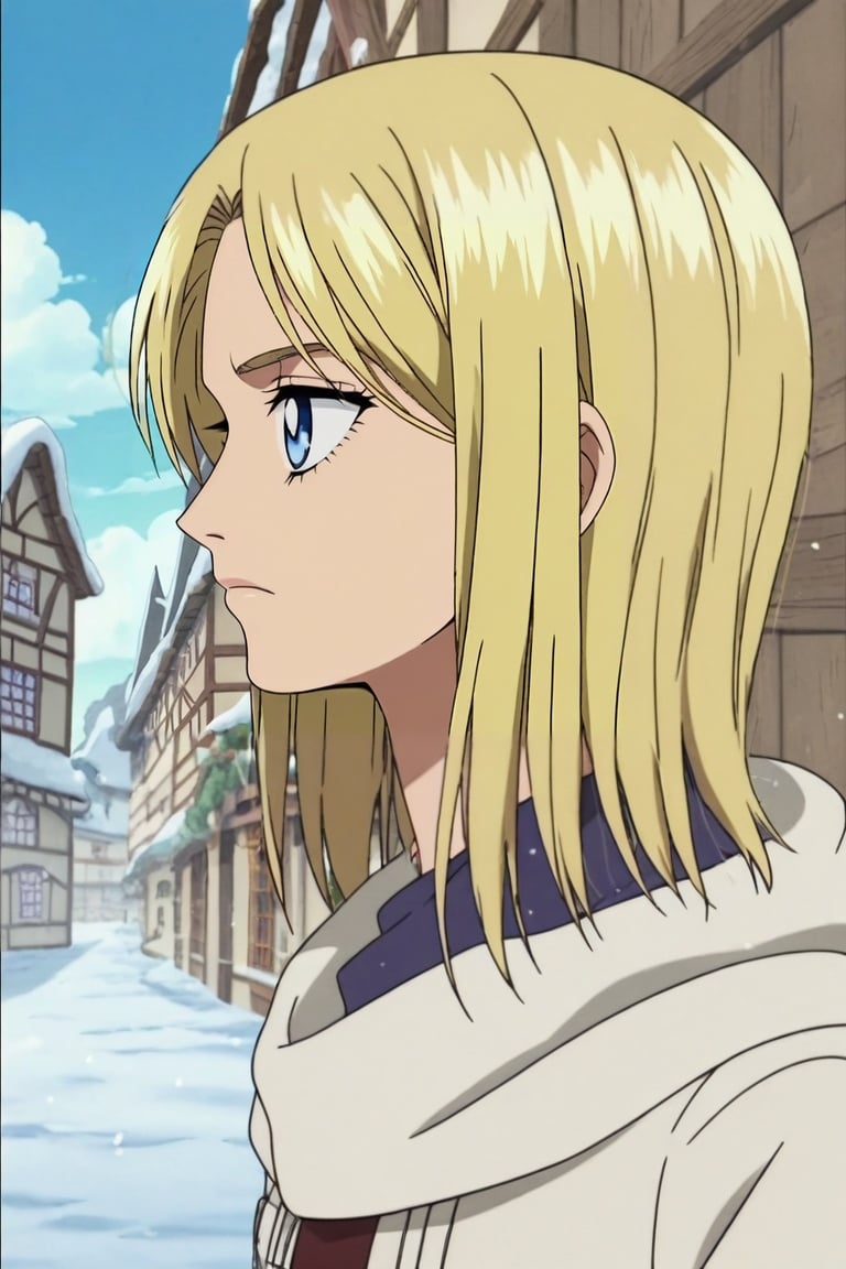 score_9, score_8_up, score_7_up, , anime screencap, rating_safe, intricate details, , , 1girl, christa renz, shingeki no kyojin, blonde hair, blue eyes, solo, profile, snowy town, snow, ice, stalagmite, dark, standing, sparkling eyes, <lora:one_piece_style_pony:0.76>, one_piece_style, , <lora:sdxl_lightning_8step_lora:1>