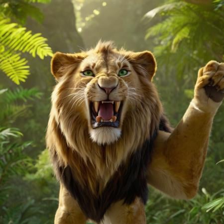 anime artwork of In the African jungle scar a cartoon villain lion with a hand up,  cartoon,  anime by user_72043162975087...
