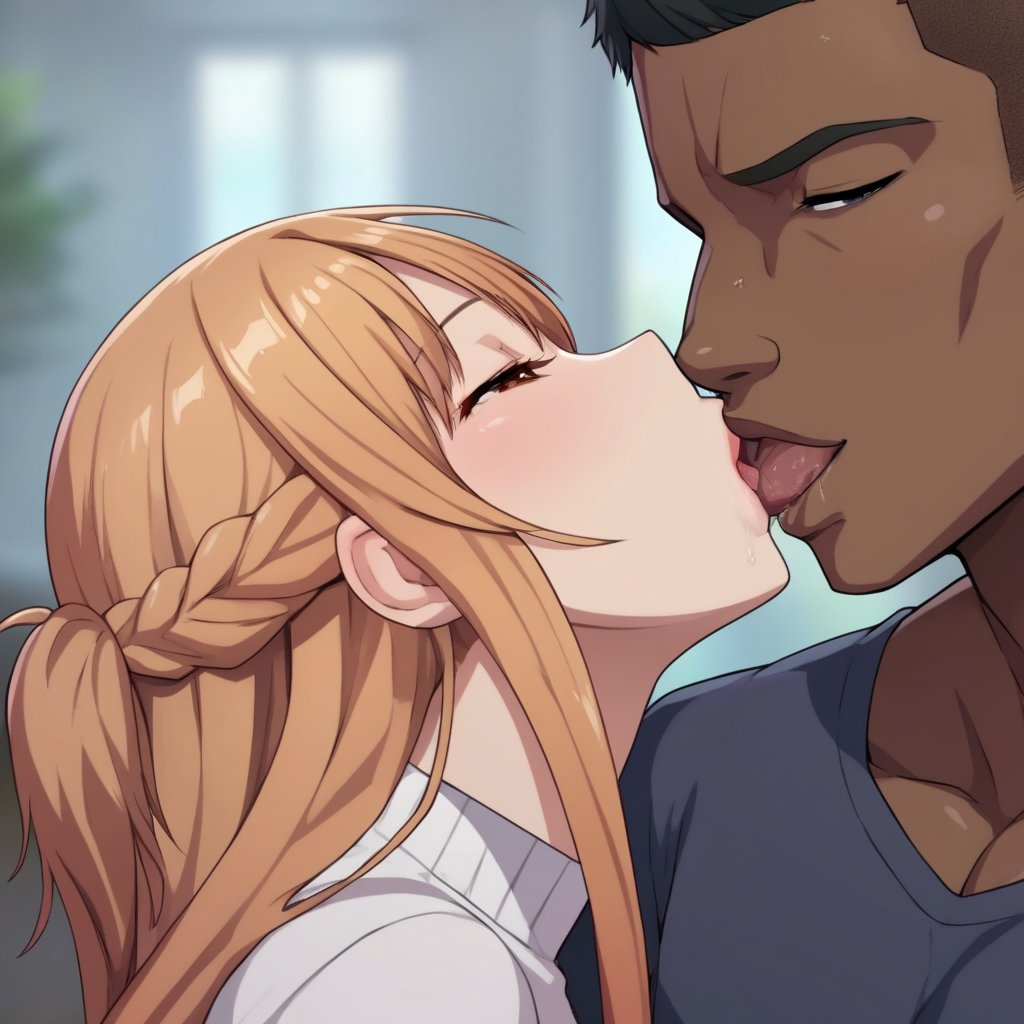 score_9, score_8_up, score_7_up, score_6_up, score_5_up, score_4_up, source_anime, yuuki asuna, long hair, 1girl, hetero, 1boy, dark-skinned male, african male, kiss, masterpiece, perfect face, best quality, beautiful girl, blurry background, cute girl, beautiful eyes, shiny eyes, anime coloring, anime screencap, absurdres,looking at viewer,<lora:yuuki asuna nova 926:0.8>