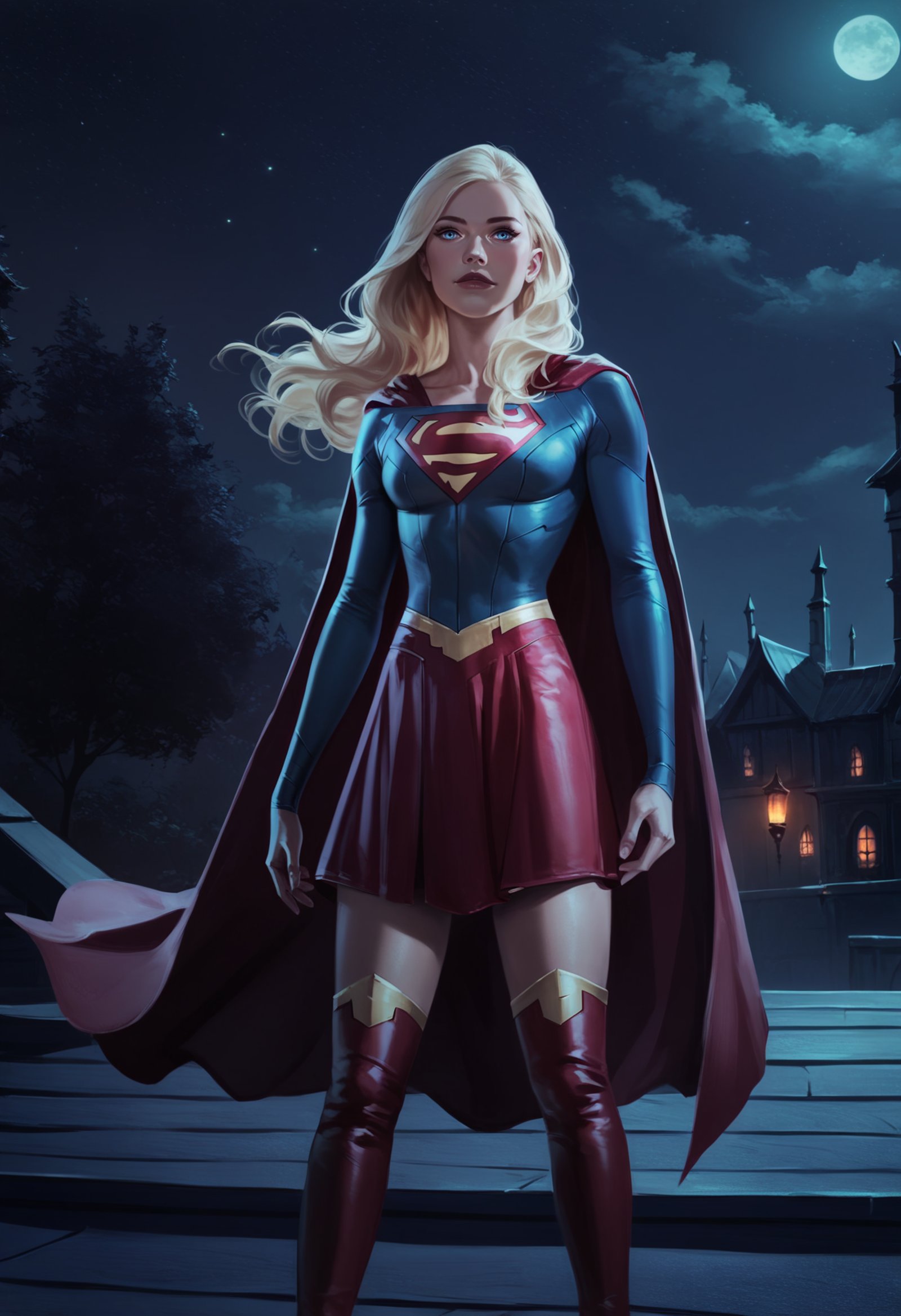 score_9, score_8_up, score_7_up, rating_safe, concept art, digital art, realistic,1girl, losspgirl, blonde hair, long hair, blue eyes,bodysuit, long sleeves, red cape, red skirt, red high heels thigh boots,standing, outdoors, night, night sky, dark background <lora:Concept Art Ultimatum Style LoRA_Pony XL v6:1>  <lora:SuperGirlDCXL:1>