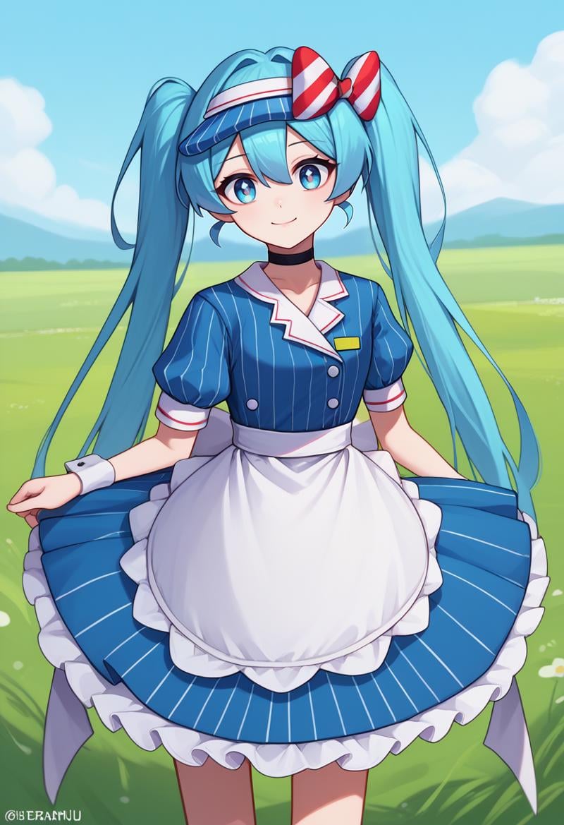 score_9, score_8_up, score_7_up, solo, 1girl, mesmerizermiku, smile, looking at viewer, standing, twintails, hair bow, striped bow, visor cap, blue eyes, frills, blue dress, vertical-striped dress, buttons, puffy short sleeves, wrist cuffs, waist apron, frilled apron, black choker, outdoors <lora:vocaloid_mesmerizermiku_ponyXL:1>