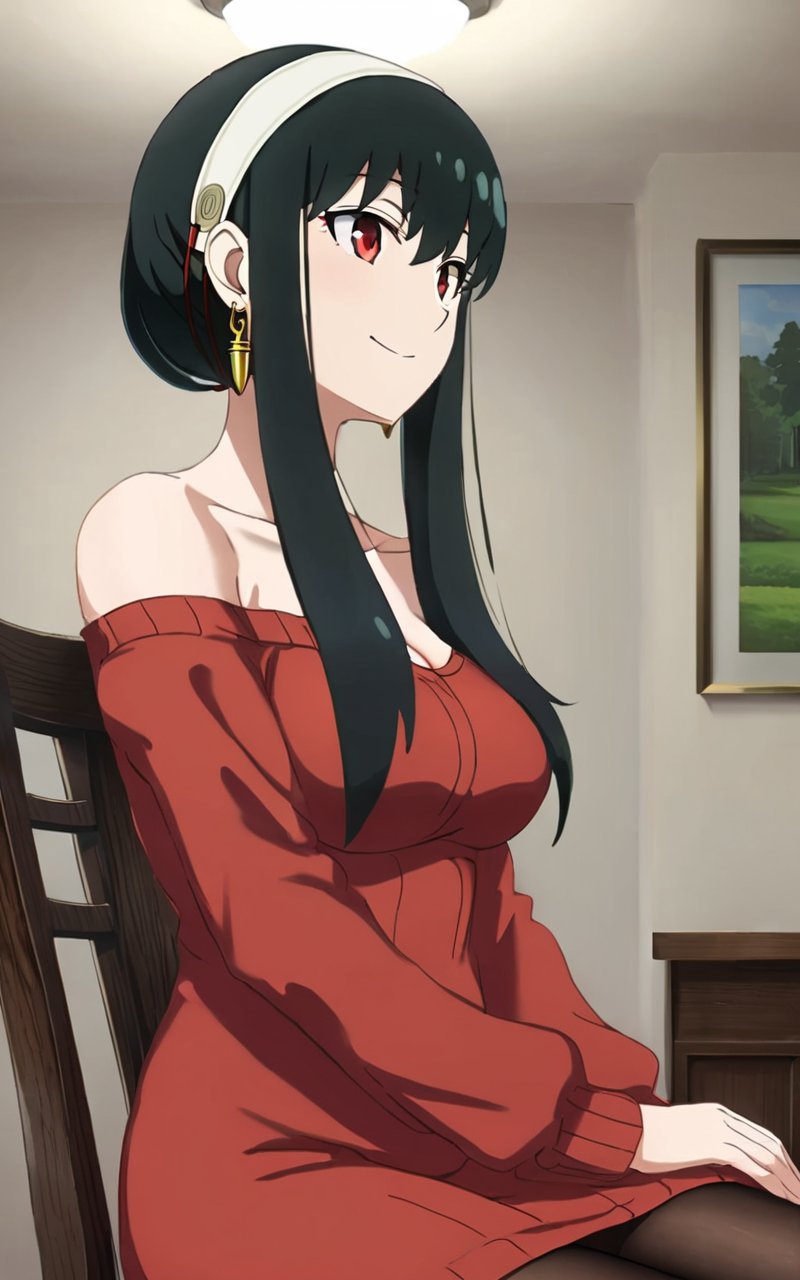 1girl, <lora:sdxl-sf-yor_briar:0.9>, yor briar, yor forgfer, long hair , long length red sweater_dress, off shoulder, long sleeves collarbone cleavage, dining room, black pantyhose, white hairband , black hair sideburns, (slanted eyes) red eyes, medium breasts, shiny hair, bangs, gold earrings, long locks, hair between eyes, skindentation :p, smile , from below, Sitting, simple chair , Profile Shot, looking up, contrapposto, dynamic pose, cinematic lighting, extremely quality extremely detailed, illustration, cute anime face