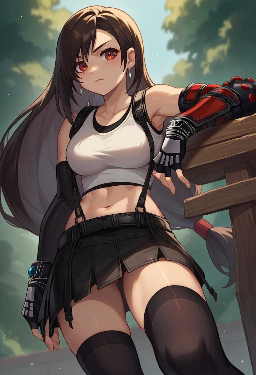 score_9, score_6_up, source_anime, 1girl, solo, tifa_remake, low-tied long hair, white tank top, suspenders, black skirt, black thighhighs, elbow gloves, fingerless gloves, elbow pads, belt, black thighhighs, earrings, leaning on object <lora:tifaXL:1>