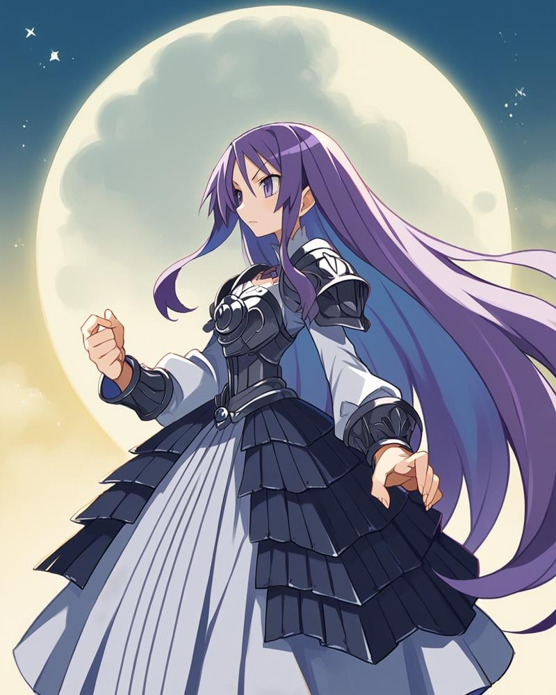 score_9, score_8_up, score_7_up, source_anime, solo, 1girl, dark armored dress, purple hair, long hair, Dramatically lit, moon, harada takehito, <lora:harada_takehito_PDXL-000001:1>