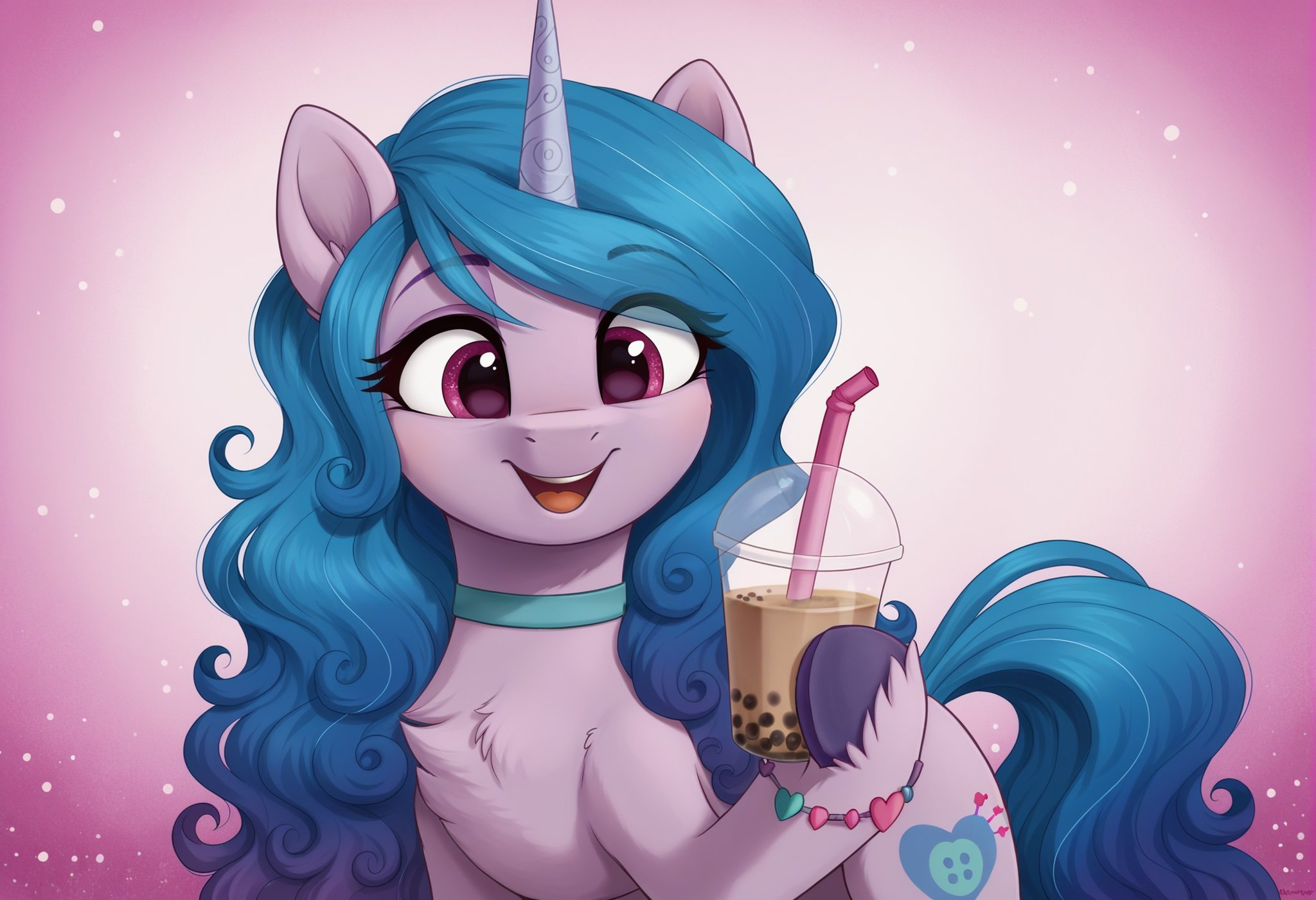 score_9, score_8_up, score_7_up, score_6_up, score_5_up, score_4_up, rating_safe, izzy moonbow, female, mare, pony, solo, unicorn, alternate hairstyle, bow, bracelet, chest fluff, choker, cute, drink, glitter, holding, horn, jewelry, open mouth, tamagotchi, bubble tea, eye clipping through hair, hoof hold, izzybetes, detailed, beautiful, detailed background, <lora:Wholesome_MLP-v1.7:1>