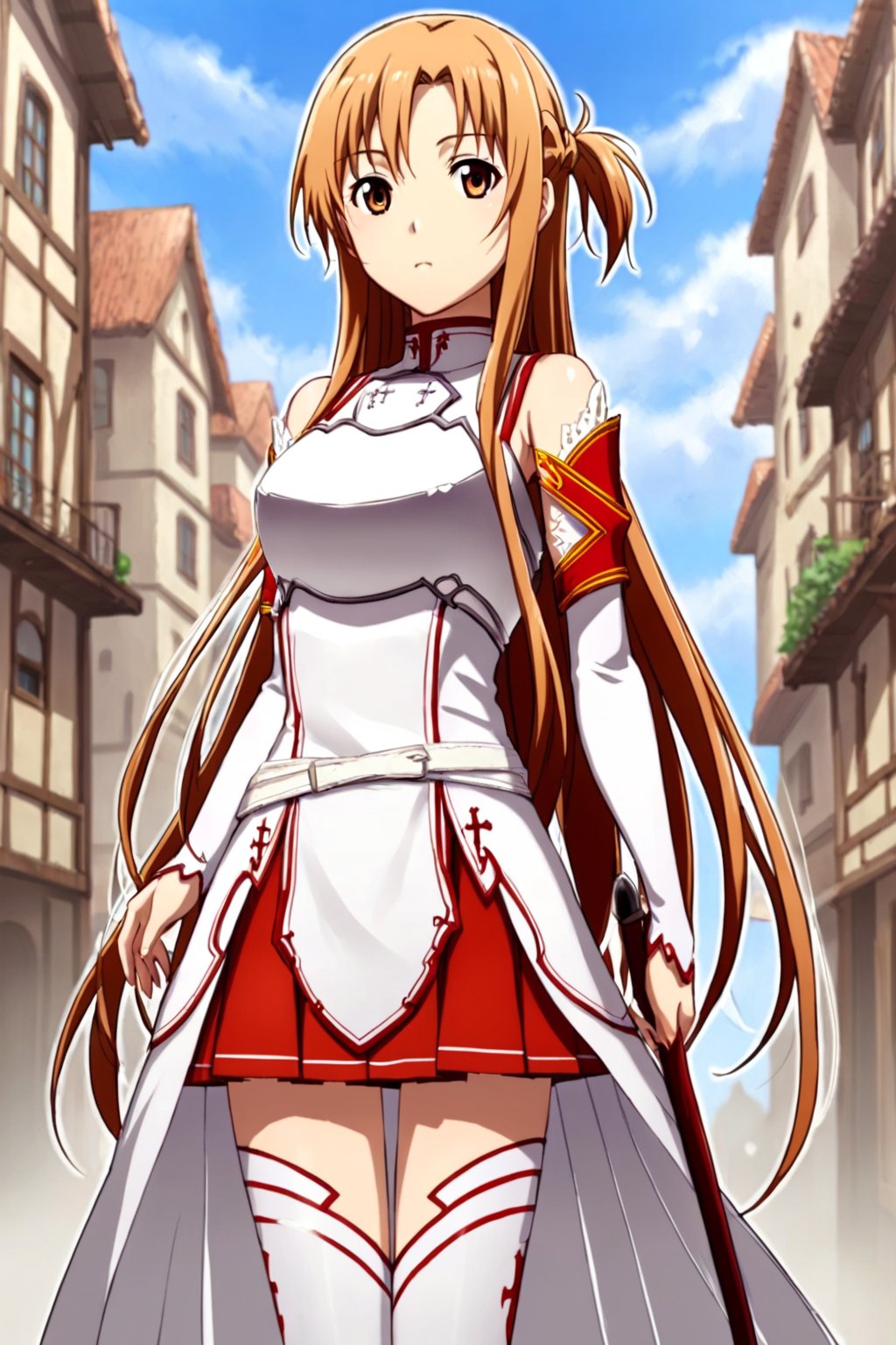 score_9, score_8_up, score_7_up, score_6_up, score_5_up, score_4_up, masterpiece,best quality, source_anime, yuuki asuna, 1girl, long hair, solo, brown hair, thighhighs, brown eyes, breastplate, armor, skirt,white thighhighs, looking at viewer, very long hair, pleated skirt, red skirt,detached sleeves, zettai ryouiki, outdoors, masterpiece, best quality, town, <lora:yuuki asuna wai 924:0.9>