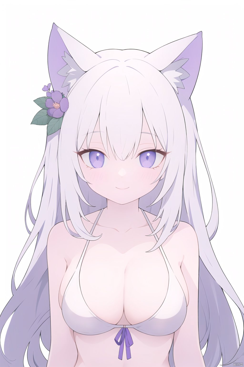 cleavage,  (cat ears),  1girl,  solo,  looking at viewer,  flower,  white bikini,  long hair,  bangs,  closed mouth,  simple background,  white background,  white hair,  hair intakes,  purple eyes,  expressionless,  eyelashes,  best quality,  smile,  White cat ears