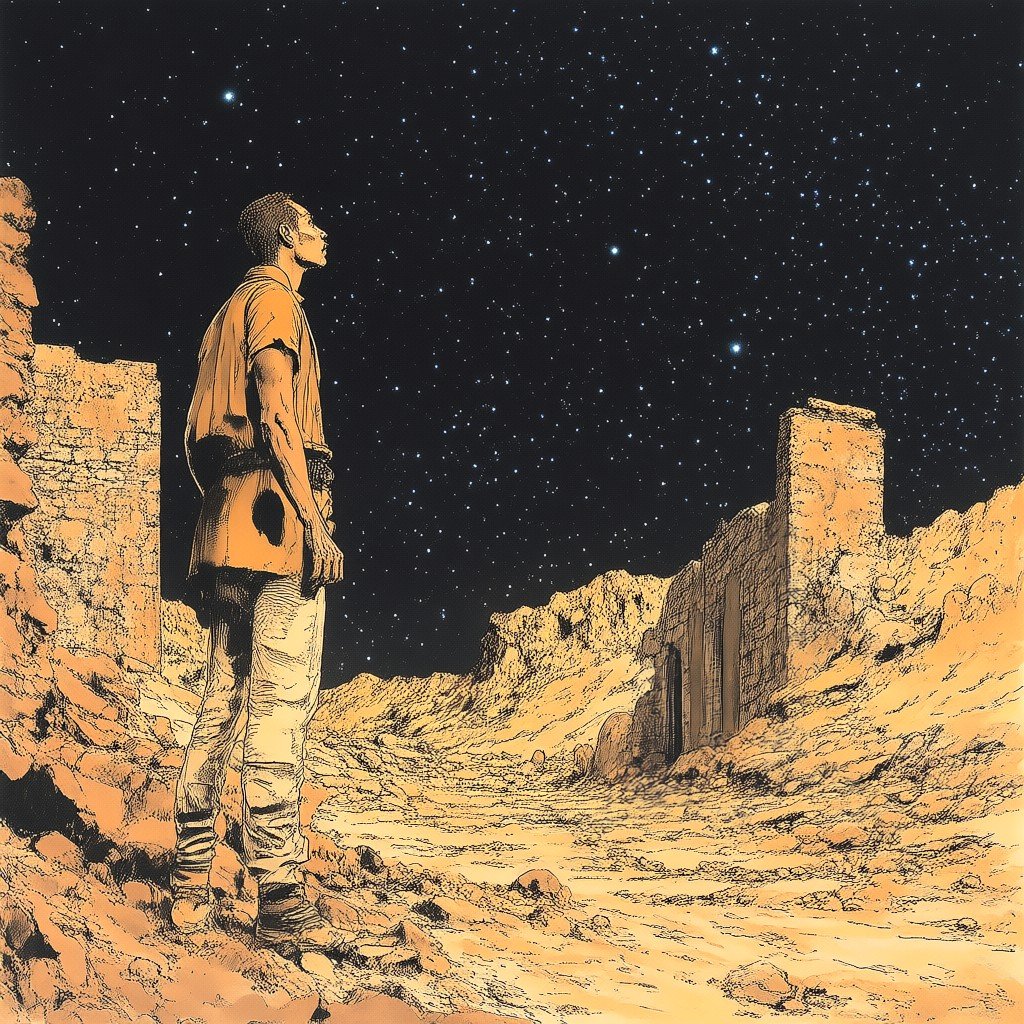 A man standing outdoors on ruins on a rocky landscape,  looking up at a starry sky by Invisidude on Tensor.Art
