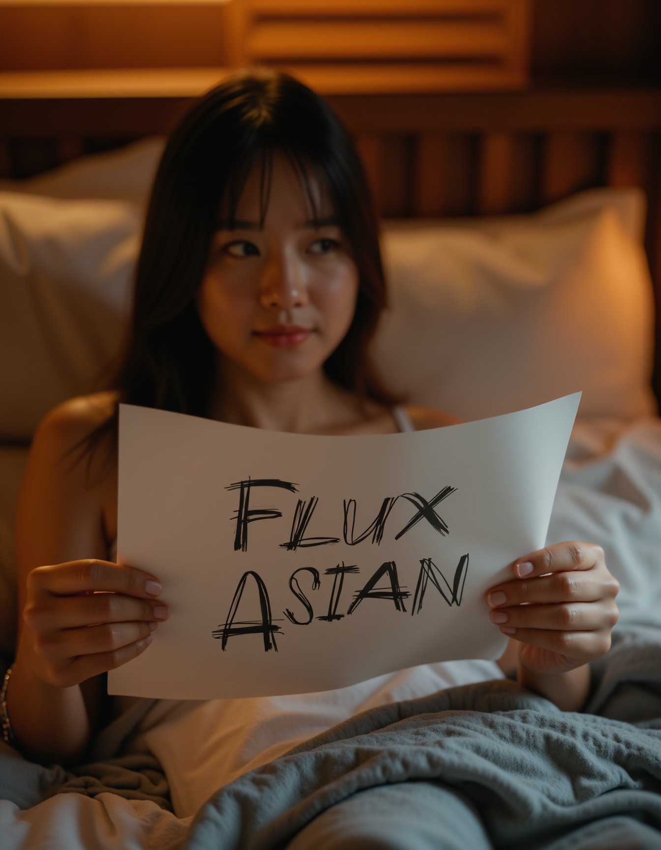 A woman sitting comfortably on a cozy bed, holding a piece of paper printed "Flux Asian" in bold and hand draw style. The setting is intimate and warm, with soft blankets and plush pillows surrounding her, creating a sense of relaxation and comfort. She gazes thoughtfully at the paper, her expression a mix of contemplation and curiosity. The room is softly lit, with warm, ambient lighting that enhances the serene atmosphere, casting gentle shadows that add depth to the scene. The overall mood is peaceful and introspective, with the focus on the woman and the mysterious message on the paper, inviting the viewer to wonder about its meaning