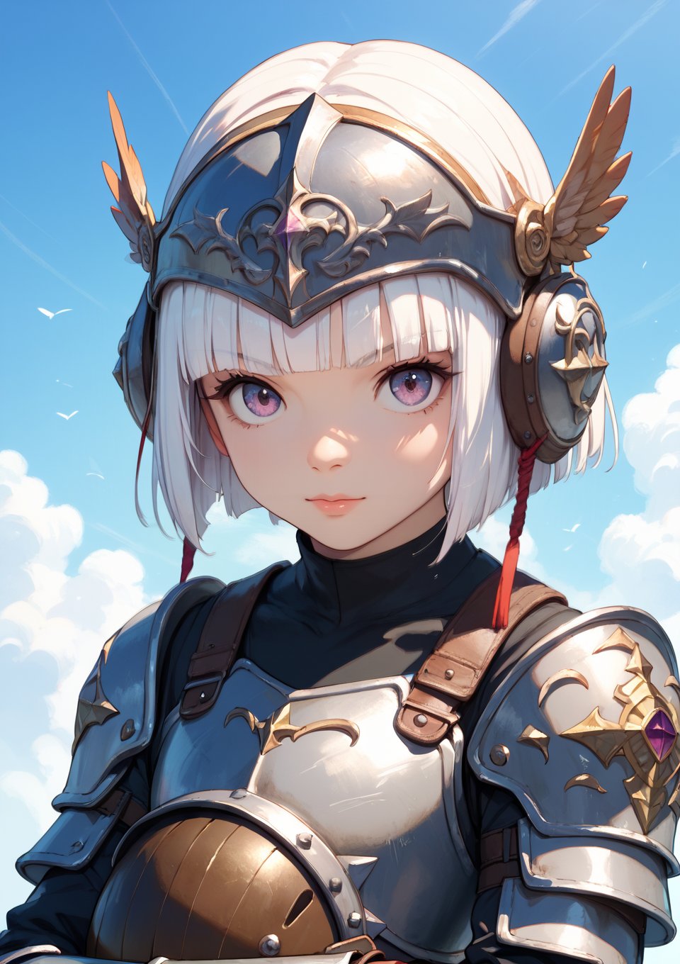 score_9,score_8_up,score_7_up,short hair,white hair,hime cut,1girl,solo,facing viewer,looking at viewer,girl in black warrior armor,posing proudly on the battlefield,holding a helmet in her hand,