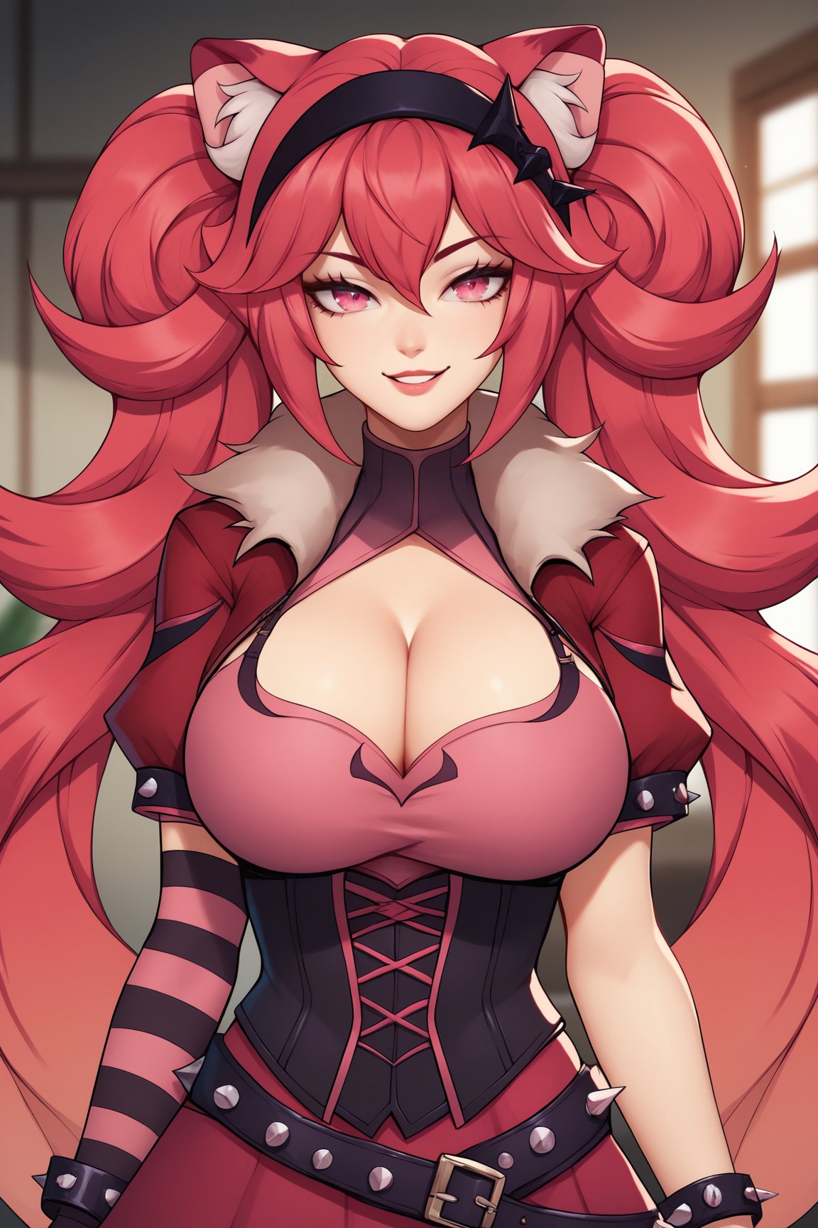 score_9, score_8_up, score_7_up, score_6_up, score_5_up, score_4_up, LunariaVTXL, pink eyes, red hair, bangs, sidelocks, long hair, twintails, animal ears, hairband, large breasts, red jacket, cleavage, corset, spiked bracelet, single elbow gloves, right arm elbow gloves, striped elbow gloves, pink fingerless gloves, red skirt, belt, (portrait shot, upper body), seductive smile, looking at viewer, indoors <lora:LunariaVTXL:0.8>