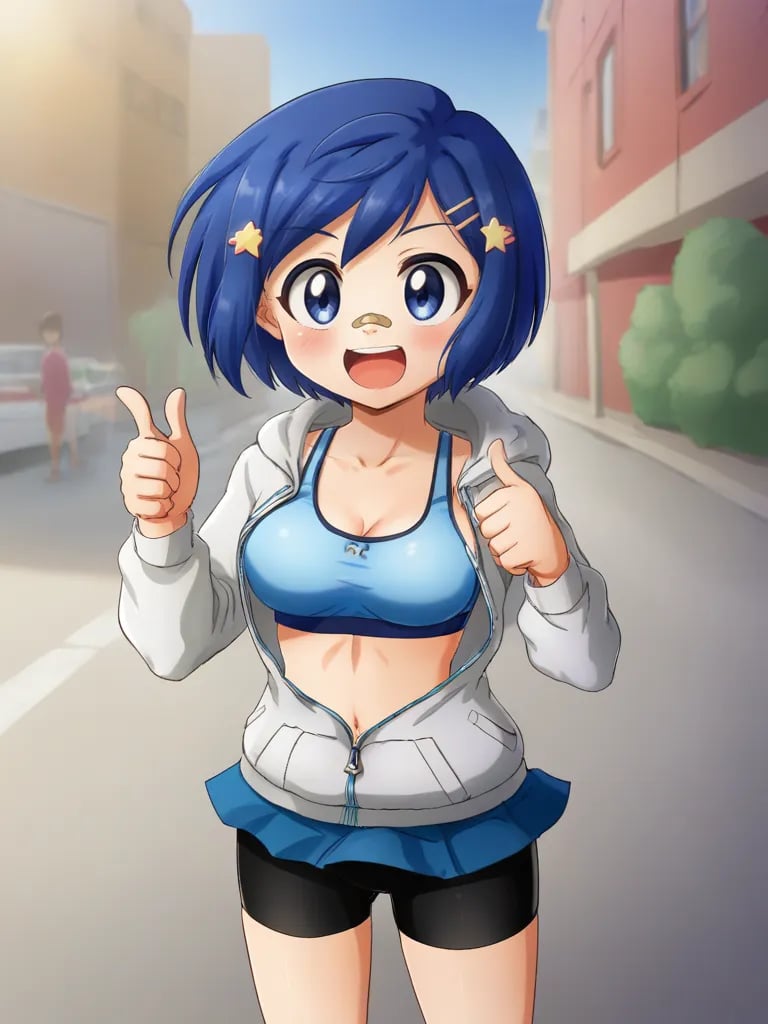 <lora:ohosinagisapony:0.8>1girl, solo, ohosinagisa, blue hair, short hair, hairclip, blue eyes, bandaid on nose, white jacket, hoodie, unzipped, open clothes, blue sports bra, blue skirt, bike shorts, outdoors, street, open mouth, smile, standing, thumbs up