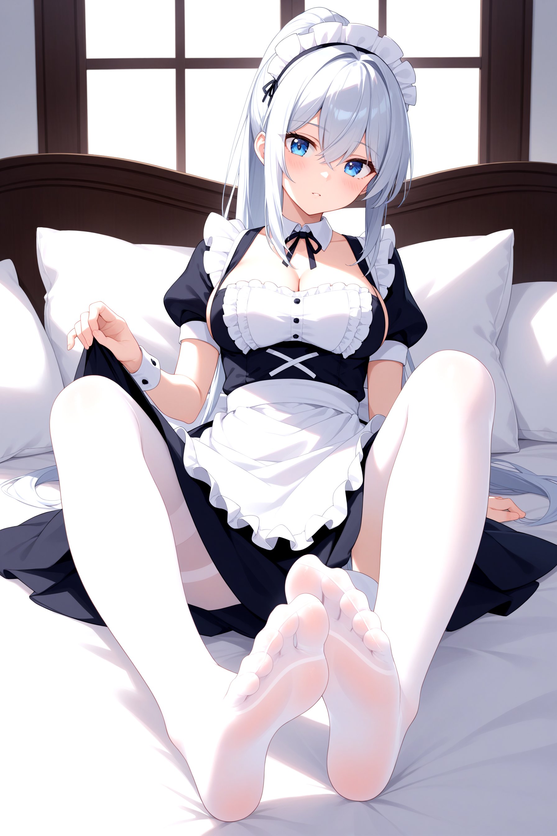 1girl, apron, bangs, blue eyes, blush, breasts, cleavage, dress, eyebrows visible through hair, feet, frills, hair between eyes, long hair, looking at viewer, maid, maid apron, maid headdress, no shoes, pantyhose, pillow, ponytail, puffy short sleeves, short sleeves, silver hair, sitting, soles, solo, toes, very long hair, white apron, white legwear, wrist cuffs, two feet, soles, toes, (foreshortening, foot focus:1.2), score_9_up, score_8_up, masterpiece, best quality