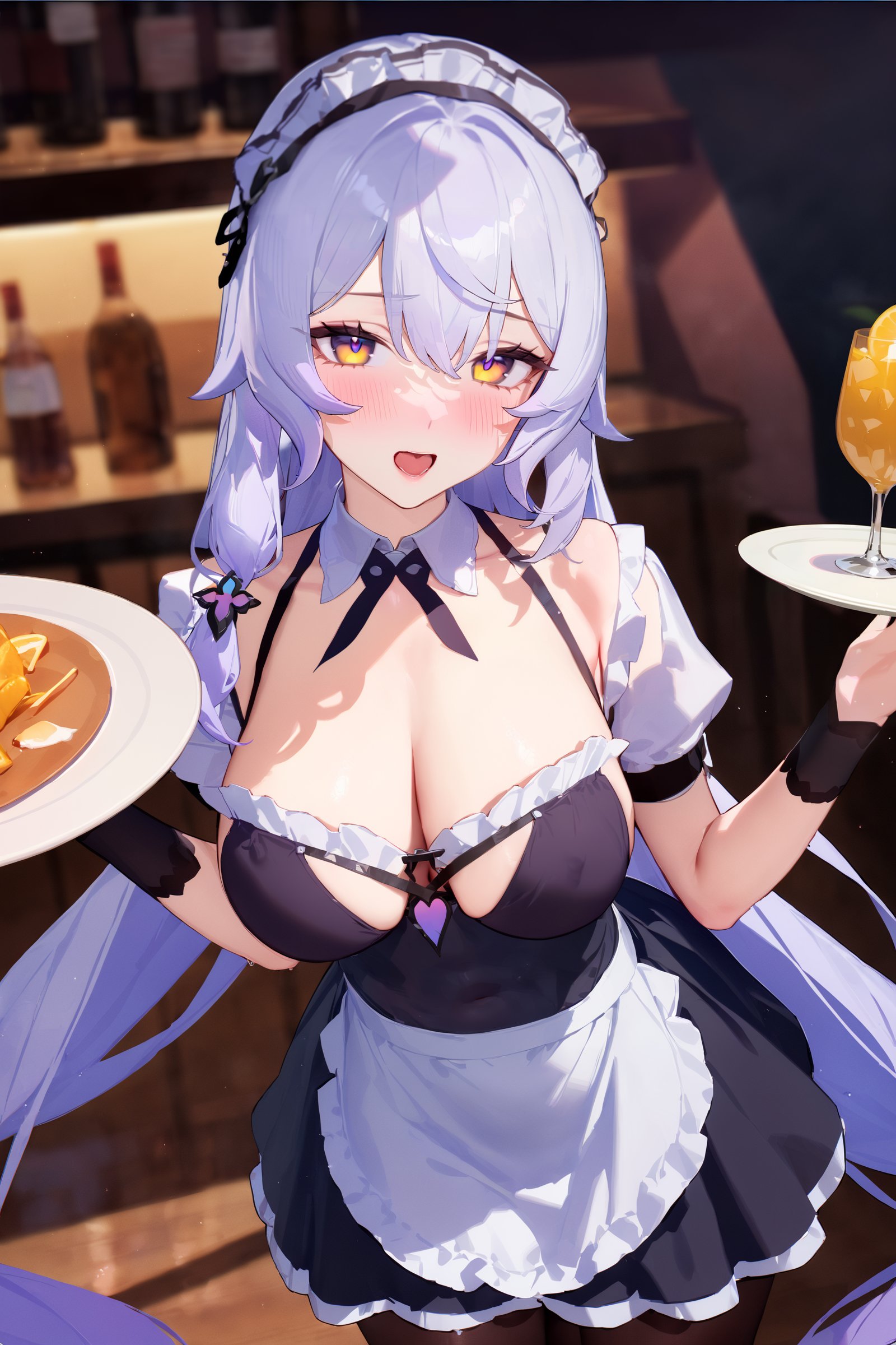 masterpiece, best quality, very aesthetic, ray tracing, newest,(hitenkei, askzy:0.5), 1girl, black swan \(honkai: star rail\), solo, maid, maid headdress, maid apron, embarrassed, pantyhose, open mouth, blush, smile, open mouth, holding plate, looking at viewer, cowboy shot, bar \(place\), indoors, depth of field  <lora:quality1:0:hr=1>,  <lora:Char-HonkaiSR-BlackSwan-XL-V1:1>