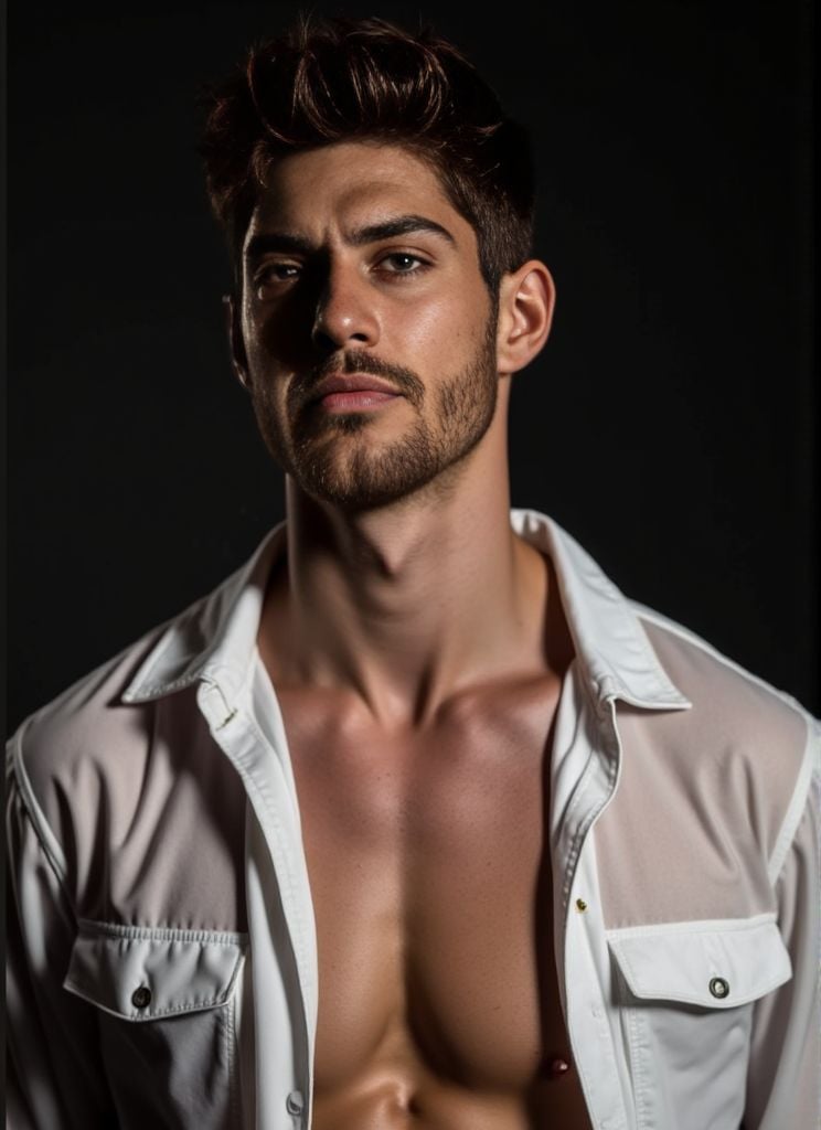 Ken Bek ,  Photorealistic . sheer white shirt half‑removed. intricate fabric textures. dramatic studio lighting. ultra‑sha...