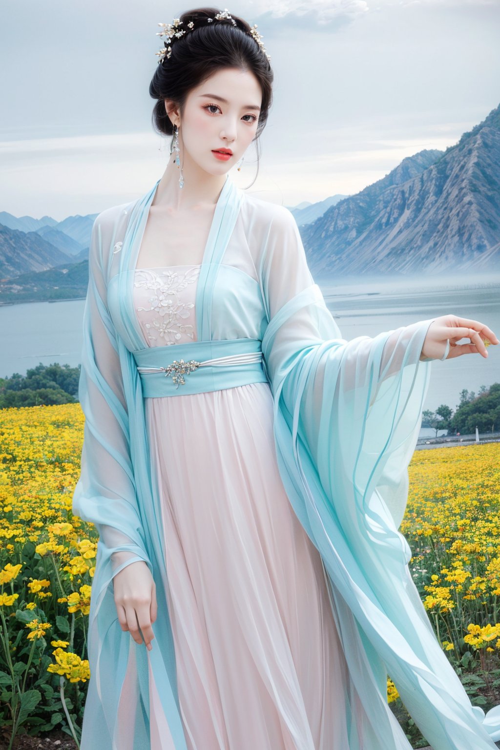 Realistic,masterpiece,best quality,8K,HDR,RAW,1girl,hanfu,((solo)),(Spring scenery, mountains in the distance, beautiful clouds, rape flower fields),(standing),large breasts,looking at viewer,<lora:add_detail:0.6>,<lora:GoodHands-beta2:1>,<lora:ENNE 氤氲国风_v4_08:1>,yinyunguofeng,