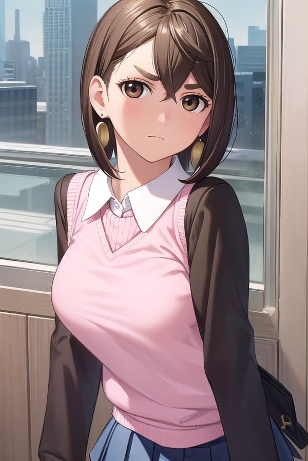 momoayase, <lora:momo ayase manga-lora-nochekaiser:1>,momo ayase, short hair, brown hair, (brown eyes:1.5), bangs, thick eyebrows,BREAK skirt, school uniform, pleated skirt, shoes, socks, loafers, sweater vest, (pink sweater:1.5), shirt, white shirt, collared shirt, earrings, green earrings,BREAK indoors, classroom,BREAK looking at viewer, (cowboy shot:1.5),BREAK <lyco:GoodHands-beta2:1>, (masterpiece:1.2), best quality, high resolution, unity 8k wallpaper, (illustration:0.8), (beautiful detailed eyes:1.6), extremely detailed face, perfect lighting, extremely detailed CG, (perfect hands, perfect anatomy),