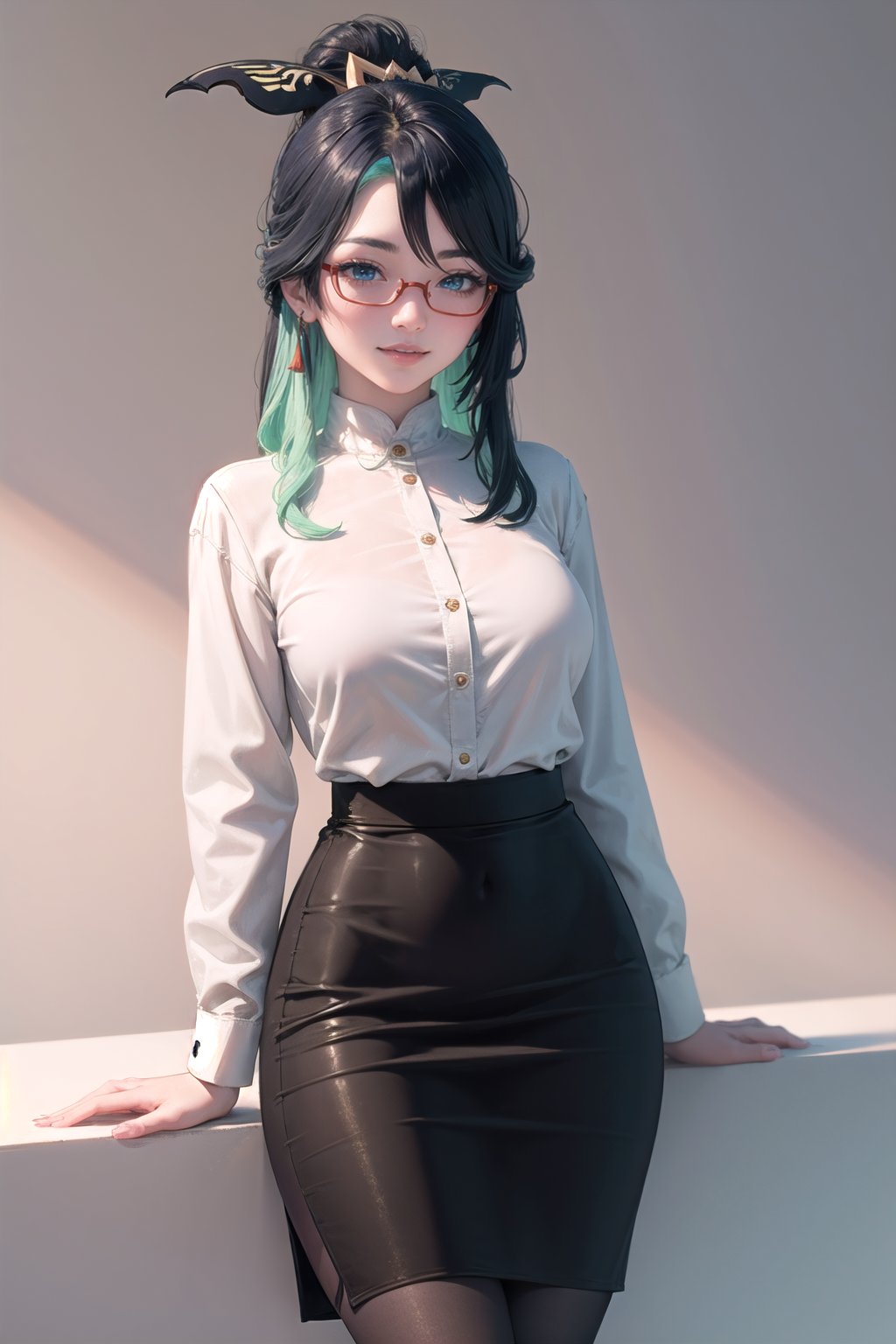 gixianyun, <lora:wrenchgixianyun:0.8>, 1girl, makeup, solo, light smile, pencil skirt, pantyhose, white shirt, 