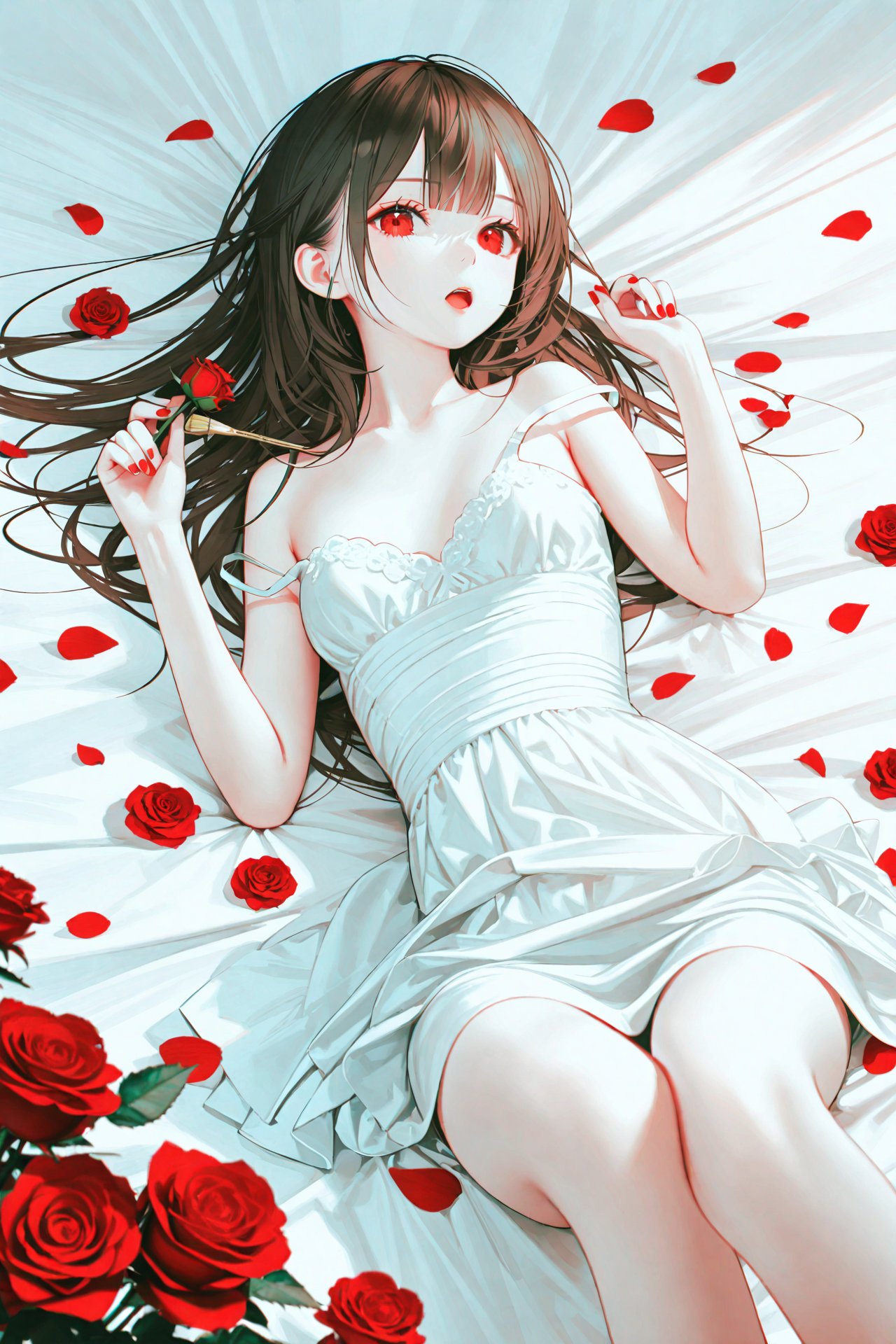 masterpiece,best quality,illustration,ultra detailed,hdr,Depth of field,(colorful),[Artist chen bin],[iumu],[Artist omone hokoma agm],Artist roha,1girl,solo,petals,red eyes,long hair,lying,brown hair,flower,on back,rose,looking at viewer,strap slip,open mouth,nail polish,red flower,bare shoulders,rose petals,bed sheet,bare arms,dress,white dress,red rose,sleeveless,red nails,breasts,sleeveless dress,holding,curtains,