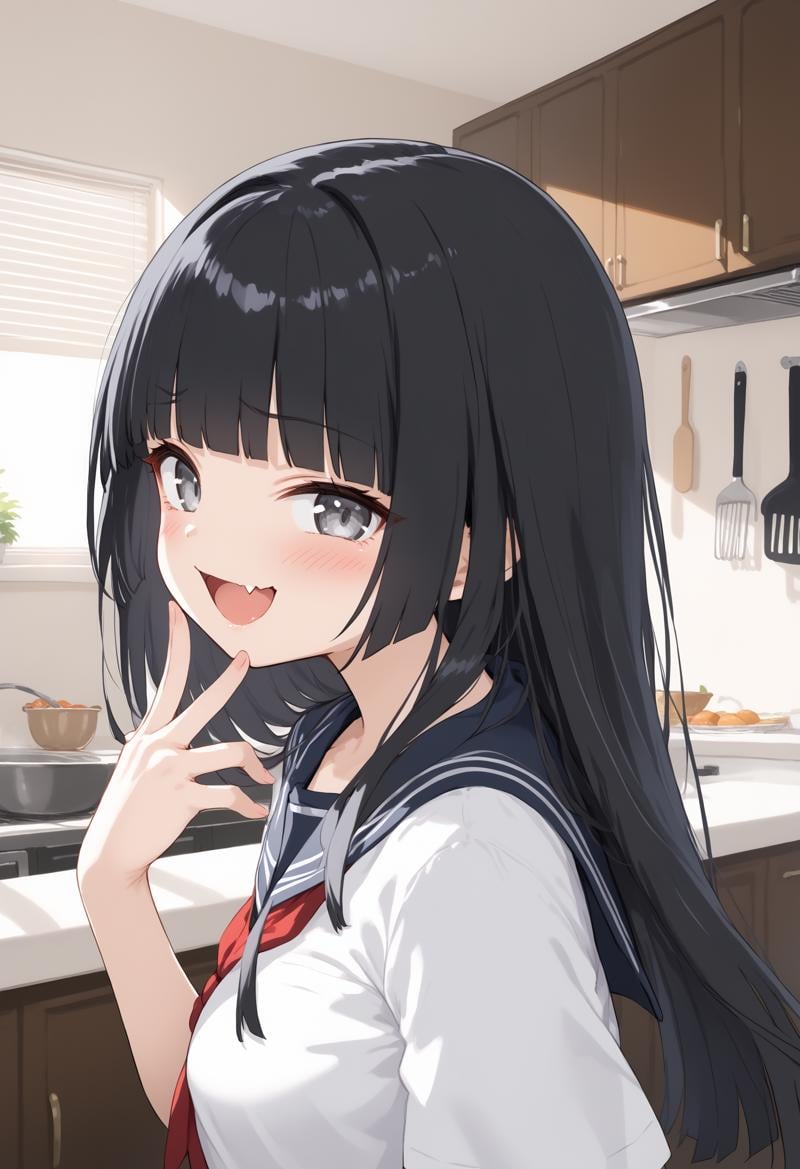 1girl, medium breasts, school uniform,mesugaki, smile, looking at viewer, blush, hand up, skin fang, <lora:mesugaki_Pony_v1:0.9>from side, panorama shot, looking ahead, black hair, silver eyes,crazy smile, kitchen, open mouth, hime cut hair,,