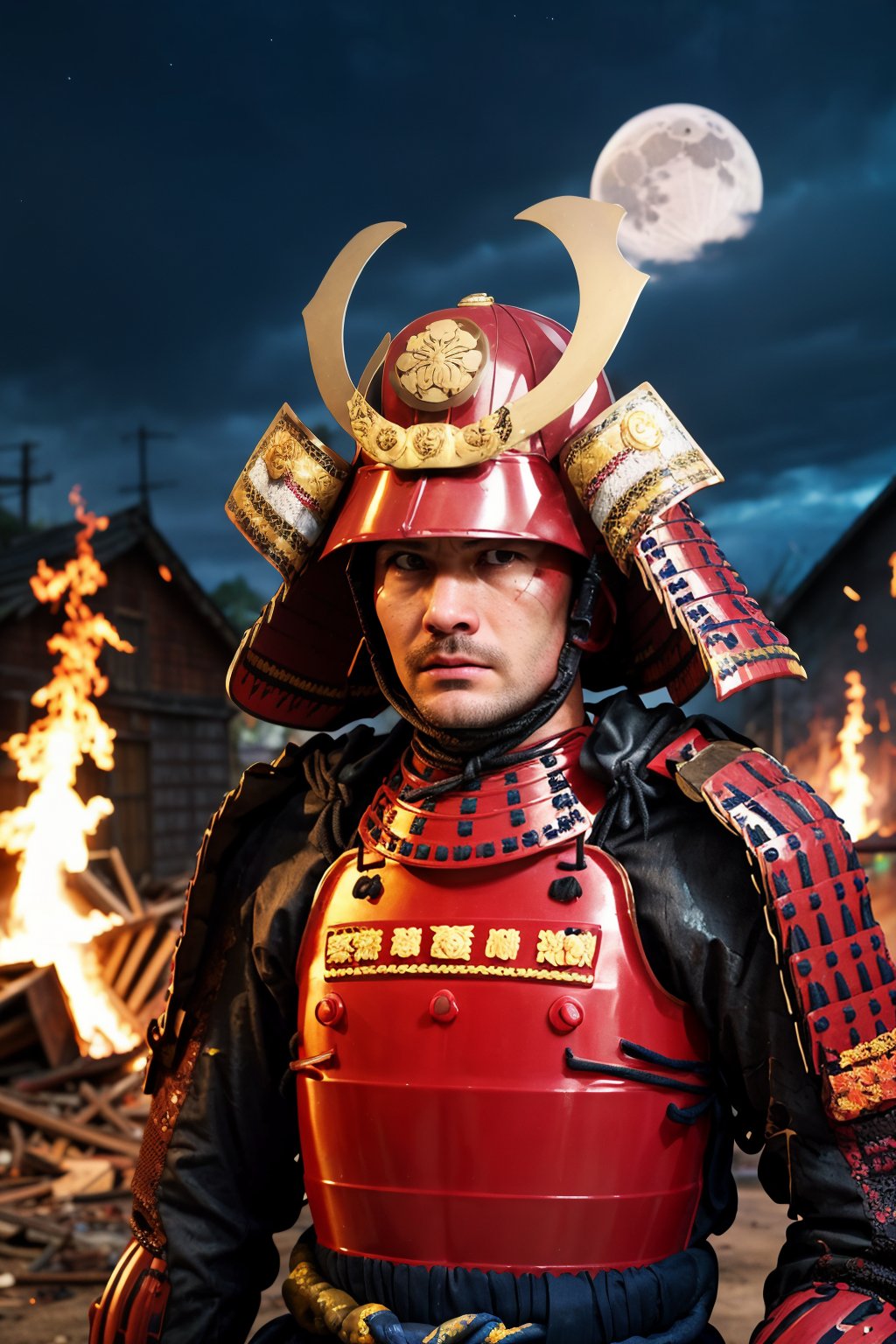 best quality, masterpieces,a man, angry face, stare eyes, (pov), full-length portrait,midnight, dark sky, moon, background on fire, dark theme, in front of devastated houses, ruins background, samurai armor, samurai helmet, golden symbol on helmet,heavy shadow, film photography, soft focus, detailed skin, matte skin, soft lighting, subsurface scattering, realistic, <lora:hina_samurai_armor_v14:0.7>