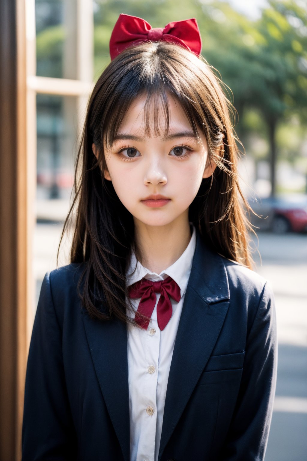 A pensive schoolgirl with a bow in her hair and wearing a dark blazer over a white shirt with a red ribbon tie looks away thoughtfully. The soft daylight accentuates her youthful innocence.,eyes look down,