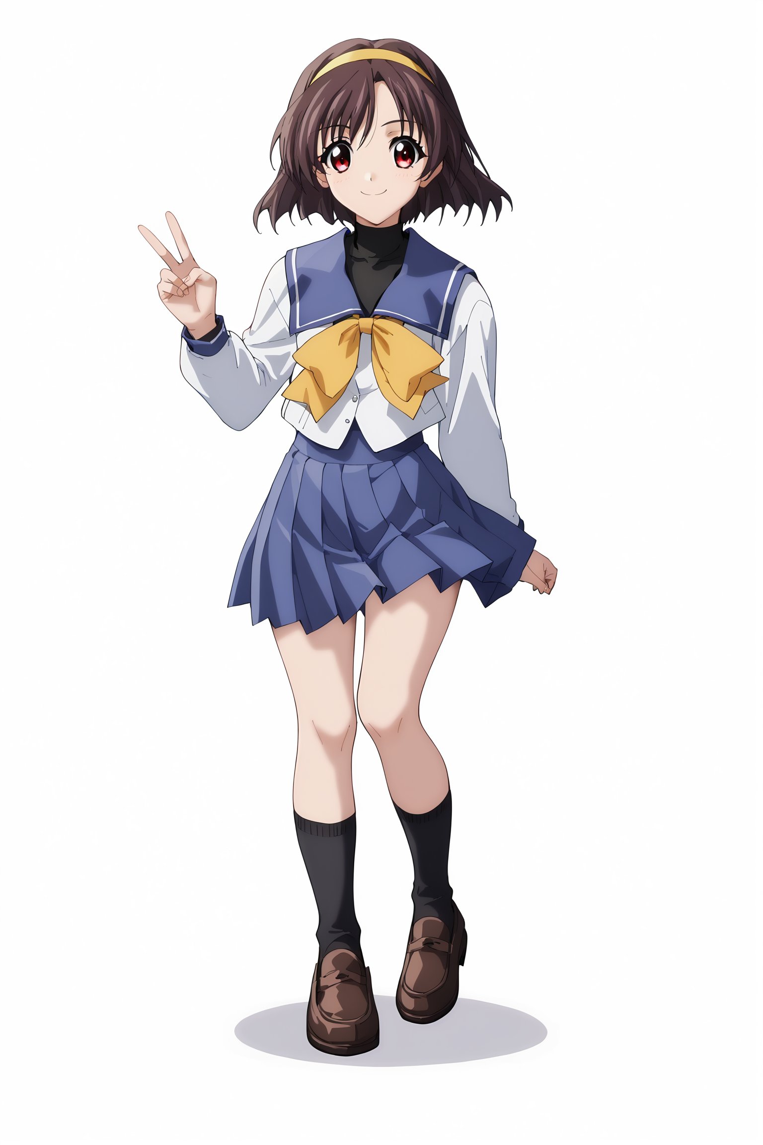 score_9,score_8_up,score_7_up,score_6_up,score_5_up,score_4_up,score_9,imasaka yue \(memories off\),sumisora uniform,yellow hairband,black bodysuit,blue pleated skirt,yellow bow,black socks,loafers,1girl,solo,white background,full body,looking at viewer,smile,looking at viewer,red eyes,v,fine anime screencap_xl,anime screencap,<lora:ImasakaYuePony:1>,<lora:anime_screencap:1>,