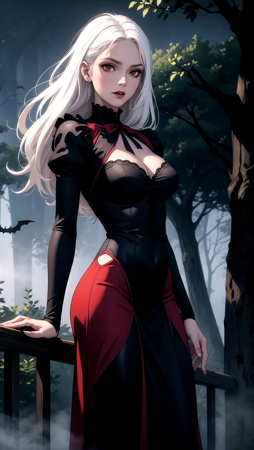 (masterpiece, best quality), 1girl, vampire, victorian dress, white hair, red eyes, forest, fog, night, bats,