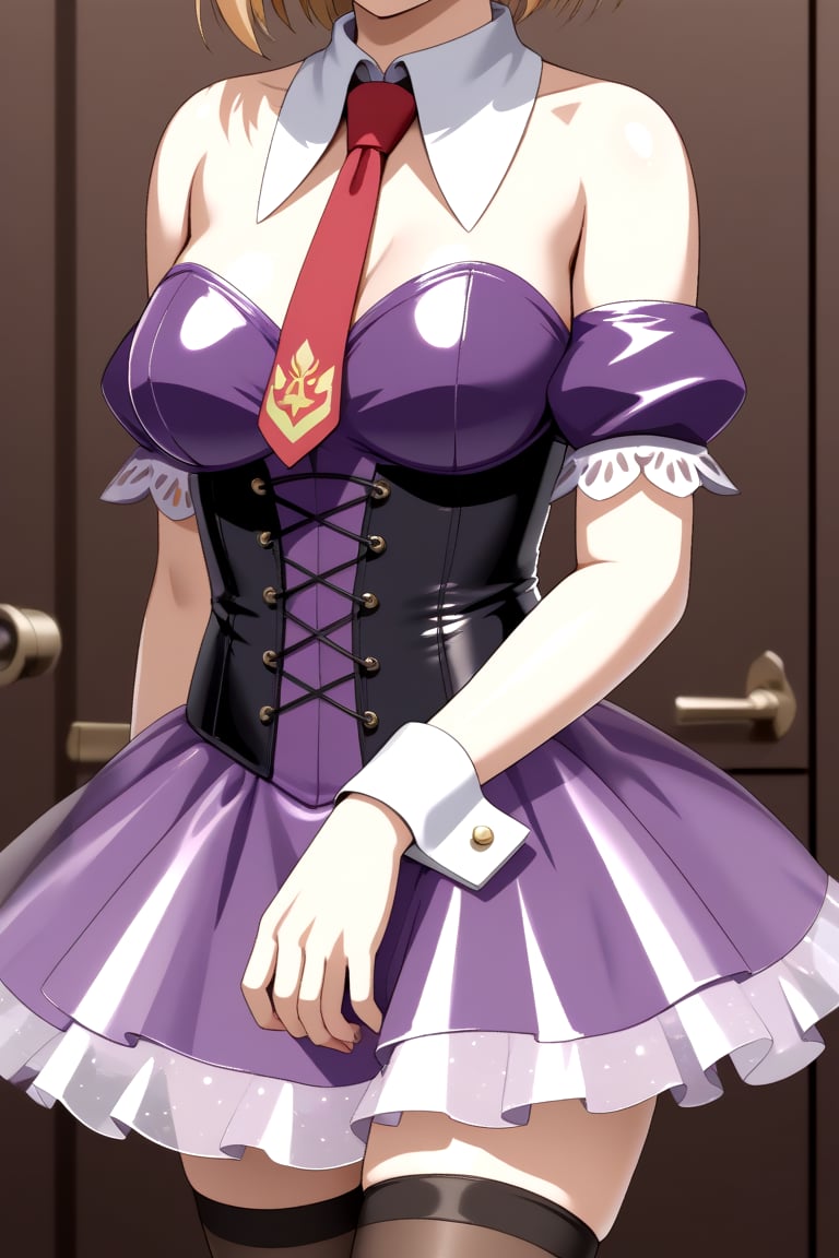 HD, 8k, highres, mantialiasing, Highly detailed, High Quality, masterpiece, beautiful, 1girl, solo, (feminine focus, young woman, 16 years old), face_out_of_frame, (medium breasts),BREAK Uniform Radish, bare shoulders, necktie, detached collar, red necktie, corset, detached sleeve, thighhighs, dress, purple dress, transparent skirt, wrist_cuff,BREAK looking_at_viewer, (from_front), front view, focus down, standing<lora:EMS-422203-EMS:1.000000>