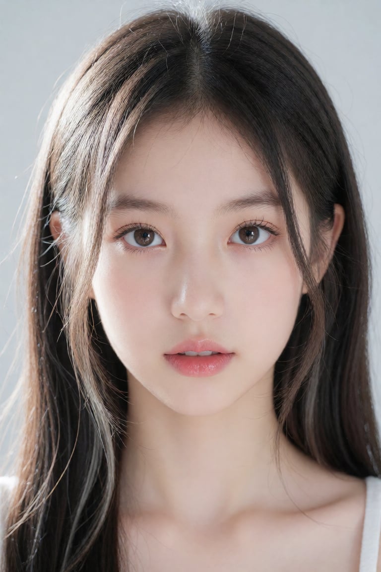 A headshot portrait of a young East Asian female,  appearing to be in her late teens,  is centrally framed. She has long b...