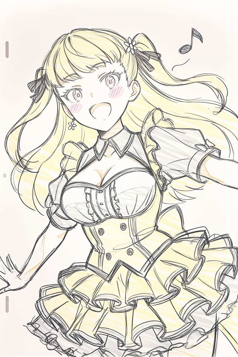 @ppst,  The lines of the drawing are loose and sketchy. The image depicts a young woman with long blonde hair,  smiling wi...