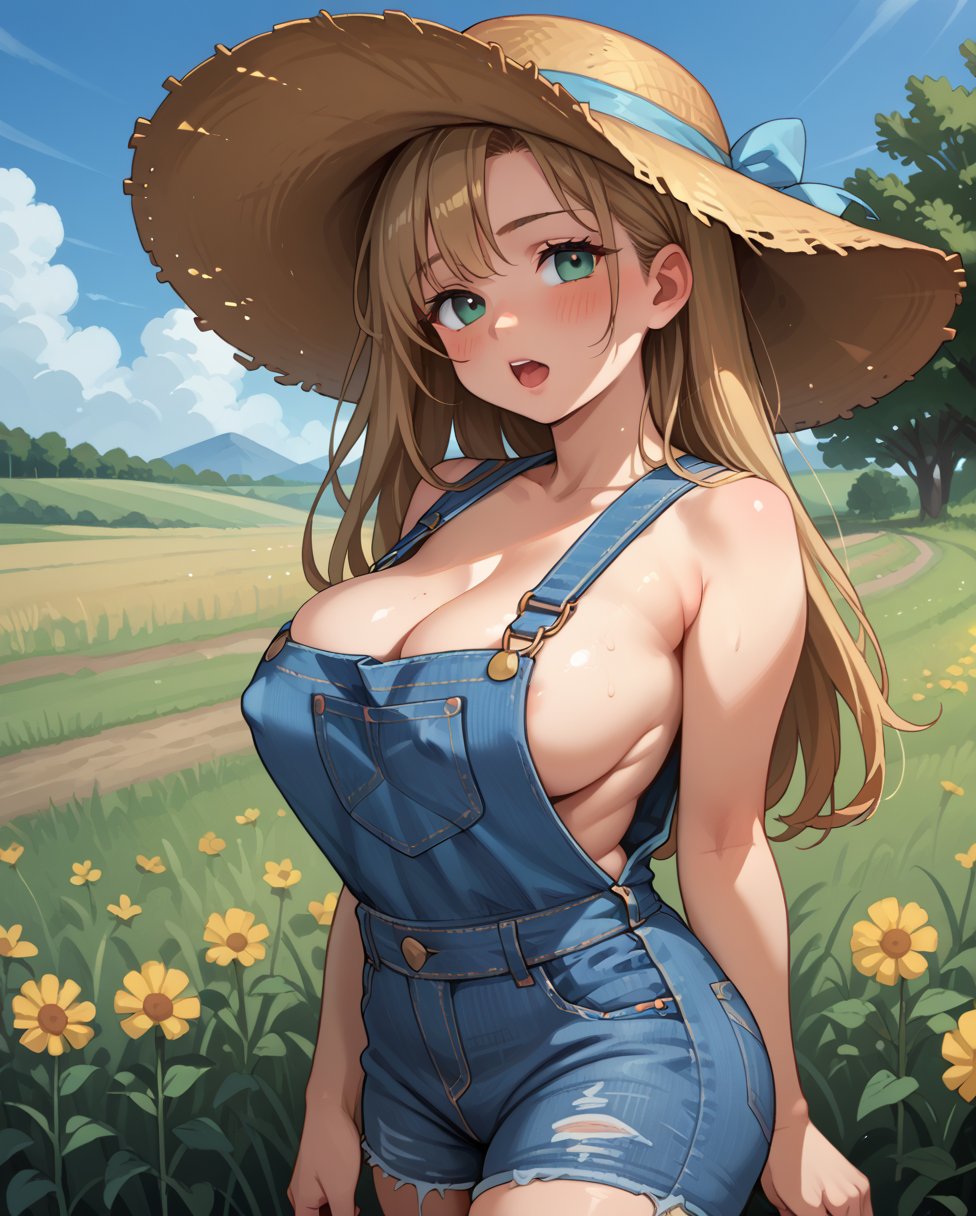 score_9, score_8_up, score_7_up, source anime, uncensored, zPDXL3,1girl, solo,large breasts, straw hat, overalls, cleavage, sleeveless, denim, open mouth, blush, farm, blue sky, field, naked,, , <lora:Expressive_H:0.8> ExpressiveH,  <lora:add_details_xl:1>,  <lora:HandFineTuning_XL:1>,  <lora:For_Pony_v0.2:0.25> raw lighting, overexposed, harsh flash,    <lora:skindentation pdxl:0.8> skindentation, <lora:nobrav1_SDXL:0.8> no bra, covered nipples,