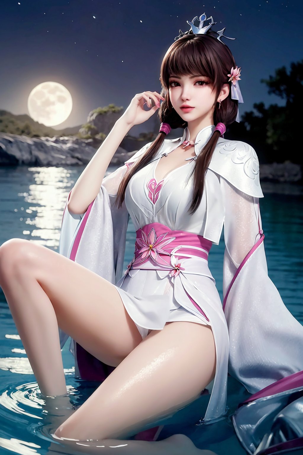 lying, on_back, lie_supine, flat, spread_legs, dress, chinese_clothes, long_sleeves, detached_sleeves, wide_sleeves,  hanfu, barefoot, looking_at_viewer (8k, RAW photo, best_quality),(highly_detailed),(masterpiece:1.2),(ultra-detailed),(extremely_detailed_cg_8k_wallpaper),(realistic:1.2),(photorealistic:1.3),(scenery, flower, full_moon, moon, night, lily_pad, lotus, moonlight, water, night_sky, lily_\(flower\),sky, partially_submerged, wading),1girl, solo,  brown_eyes, brown_hair, hair_ornament, bangs, twintails, eyeshadow, eyelashes,  jewelry, earrings, makeup,  (medium_breasts),white_legwear,fingernails,medium_shot,(texture_skin:1.3),(shiny_skin:1.4),<lora:syqiangk_加强_浮音_C9_5.2:0.8>,