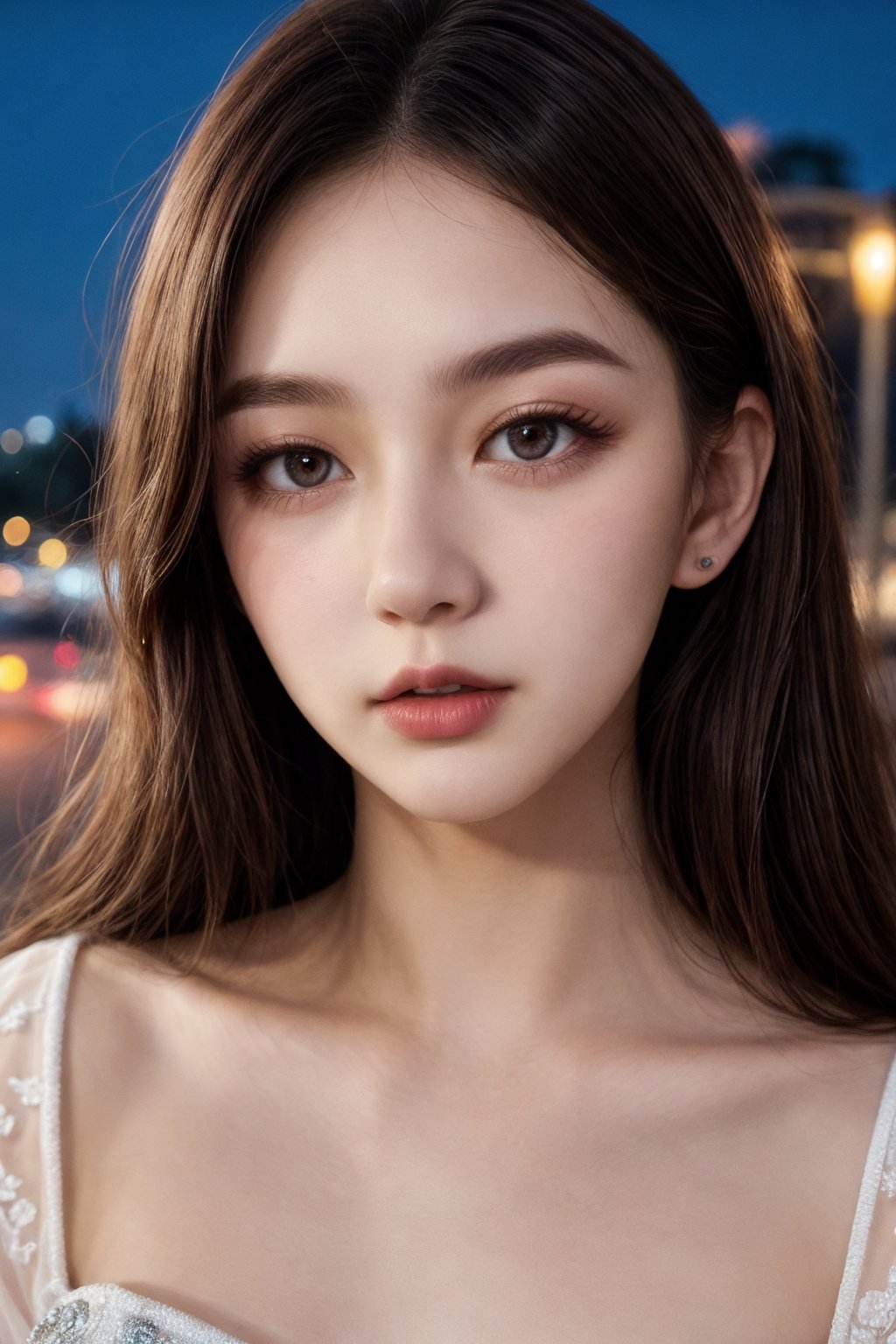 instagram photo, closeup face photo of 18 y.o woman in dress, beautiful face, makeup, night city street,shot from above