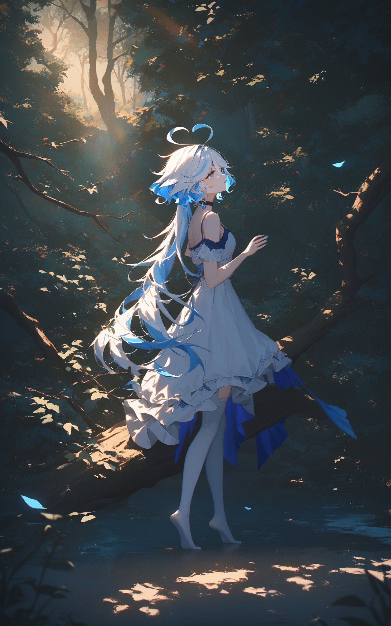 impasto,furina \(genshin impact\),1girl,blue eyes,white thighhighs,blue hair,solo,ahoge,bare shoulders,multicolored hair,blue nails,dress,off shoulder,white hair,light blue hair,hair between eyes,no shoes,heterochromia,choker,drop-shaped pupils,dark forest,dusk,single beam of light,serene,warm tones,tranquil,soft light,nature,peaceful,mysterious,glowing light on character,shadows,trees,quiet atmosphere,outdoors,ethereal,((masterpice,best quality)),