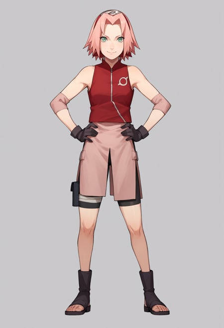 score_9, score_8_up, score_7_up, score_6_up, score_5_up, score_4_up, BREAK, source_anime,1girl, haruno sakura, pink hair, short hair, green eyes, sleeveless, red shirt, forehead protector, bike shorts, shorts, black gloves,hands on hips, smile, standing, full body, looking at viewer, solo, simple background, white background <lora:SakuraShippudenXL:1>