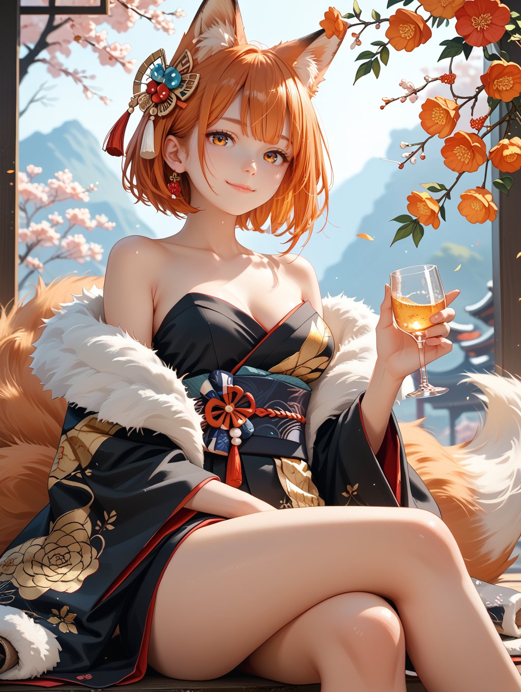 score_9, score_8_up, score_7_up, 1 girl, fox girl, fluffy tail, orange hair, short hair, beautiful hair ornament, black kimono, golden print, sitting, holding glass, mamosa glass, cowboyshot, fur trimmed coat, off shoulder, medium breasts, light smile, crossed legs, japanese traditional themed background