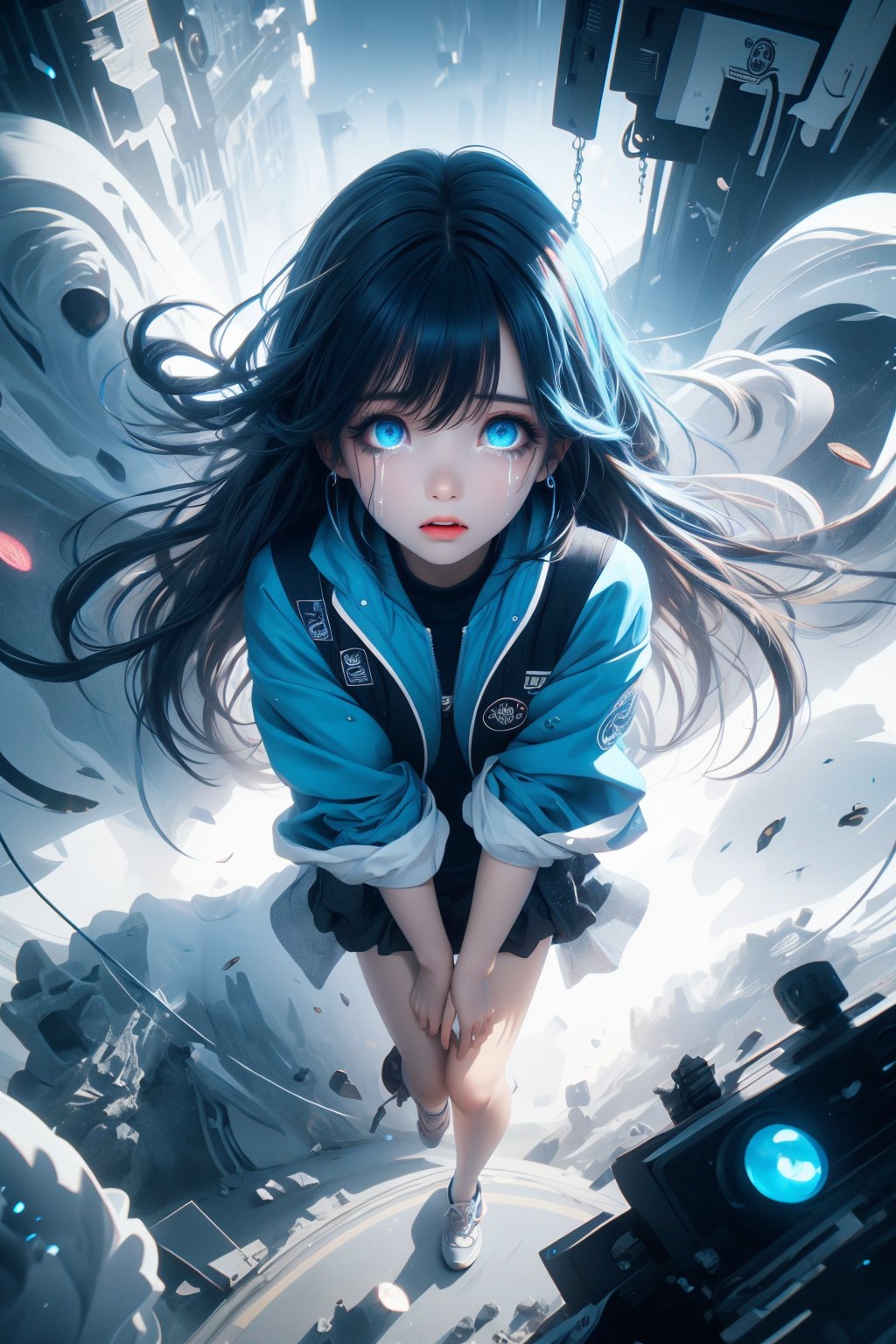 masterpiece,best quality,sharp focus,(1girl, long blue hair, boyish, glowing blue eyes, wide eye, perfect face, flying, midair, night city, colorful, wind, windy, wind lift, high resolution, thick outline, outline, black outline, webtoon, bright, light, extra light, light particles, from above, baby face, crying, tear rolling down, hugging own legs,,,