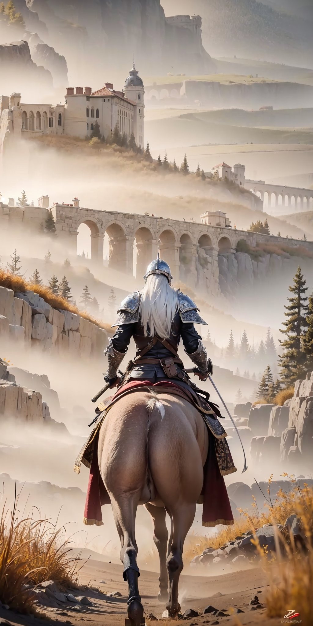 <lora:Shadowland V1.0:0.8>,Beautiful outdoor,outdoors,Shadowland,1boy,solo,white hair,helm,from behind,zoom layer,facing away,armor,horseback riding,holding weapon,holding sword,weapon,sword,standing,1other,, edge quality, perspective silhouette, 8k, best quality, masterpiece, extremely detailed, rule of thirds, photorealistic, superb, HDR, high resolution, sharp focus, photorealistic rendering, extremely detailed description, professional, gorgeous and intricate detail,