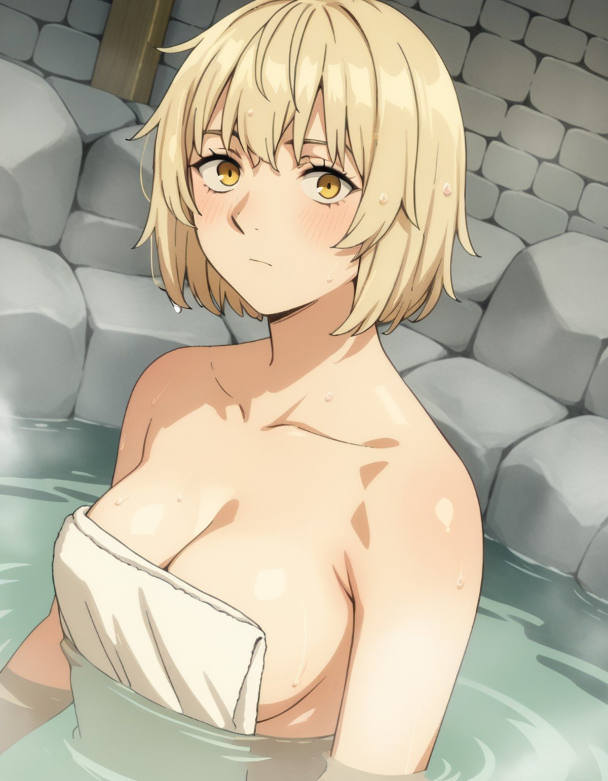 score_9, score_8_up, score_7_up, source_anime,falintouden, <lora:falin-touden-s1-ponyxl-lora-nochekaiser:1>,falin touden, short hair, blonde hair, yellow eyes,nude, naked, outdoors, onsen, towel, naked towel, steam, bathing, nude cover, partially submerged, water, bath, steam censor, wet towel,looking at viewer, solo, cowboy shot, dutch angle,