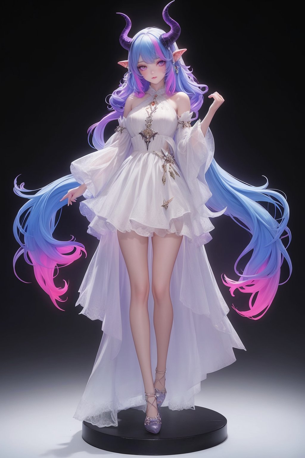 1girl,solo,horns,dress,purple eyes,black background,full body,looking at viewer,animal ears,standing,see-through,multicolored hair,horn ornament,detached sleeves,jewelry,white dress,closed mouth,, best quality,masterpiece,highres,official art,extremely detailed cg unity 8k wallpaper,