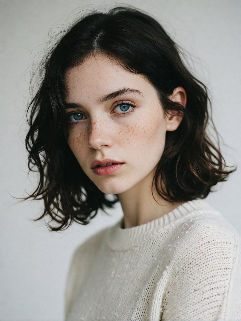 Bradhamel art style. A close-up portrait of a young woman with dark,  wavy shoulder-length hair,  freckles across her nose...