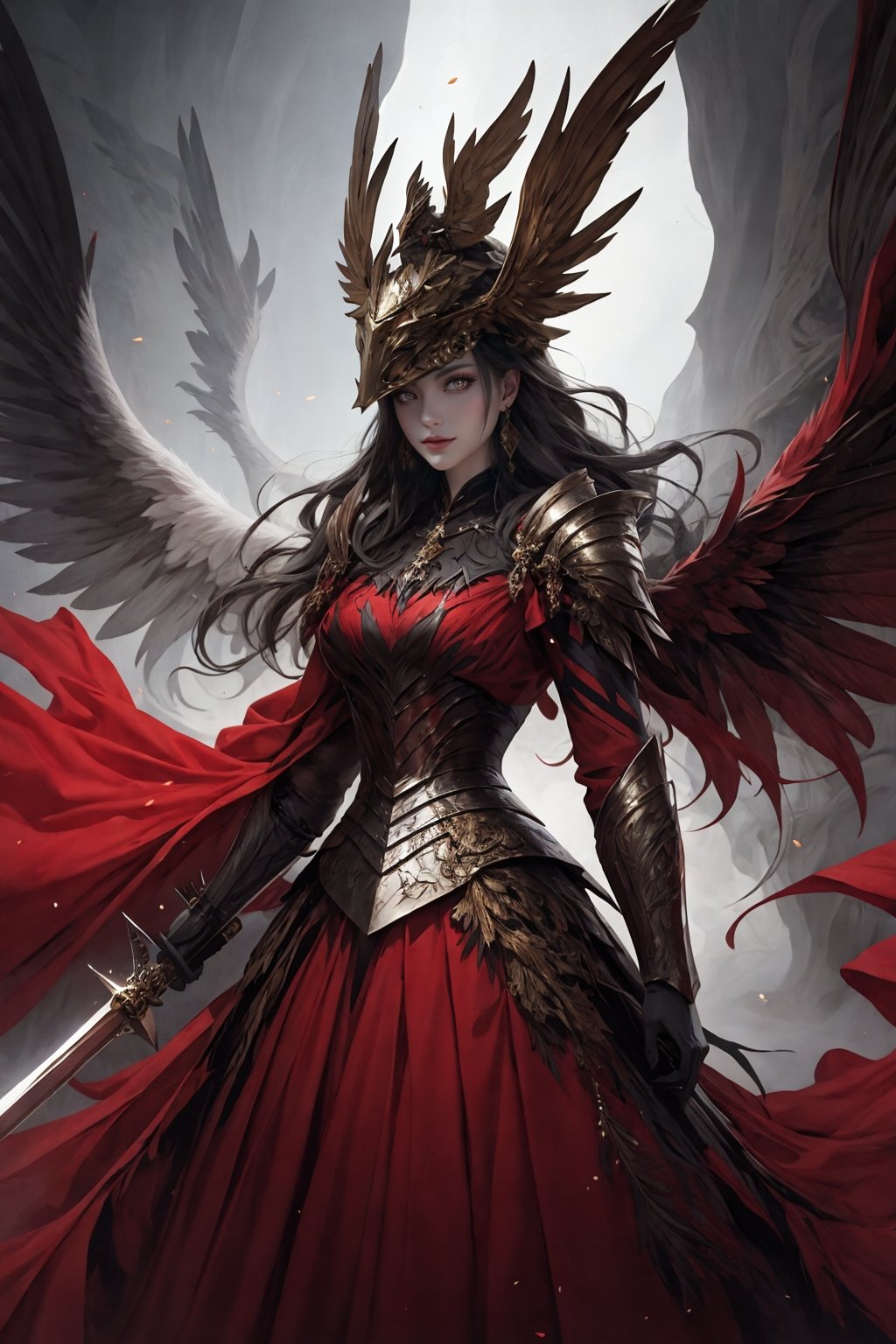 1girl，solo，jewelry，earrings，helmet，holding weapon，holding sword，Malenia in Elden Ring, dragon scale hat, in the style of epic fantasy scenes, gold and crimson,golden helmet,ritualistic masks with gold wings spread on it, mythical,Petals drift around her as her once-pristine form undergoes a graceful decay,glowing crimson eyes,in the underground cave with light shooting through the hole on the top,32k uhd,   painted by MichaelCTY(Chang Ting Yu),medieval knight armor,in the style of Dark SoulⅢ,painted by hamaya and macros,dark fantasy,majestic attire,captivating light,solarizing master,strong emotional impact,majestic figures，<lora:绪儿-女武神 winged helmet:0.8>