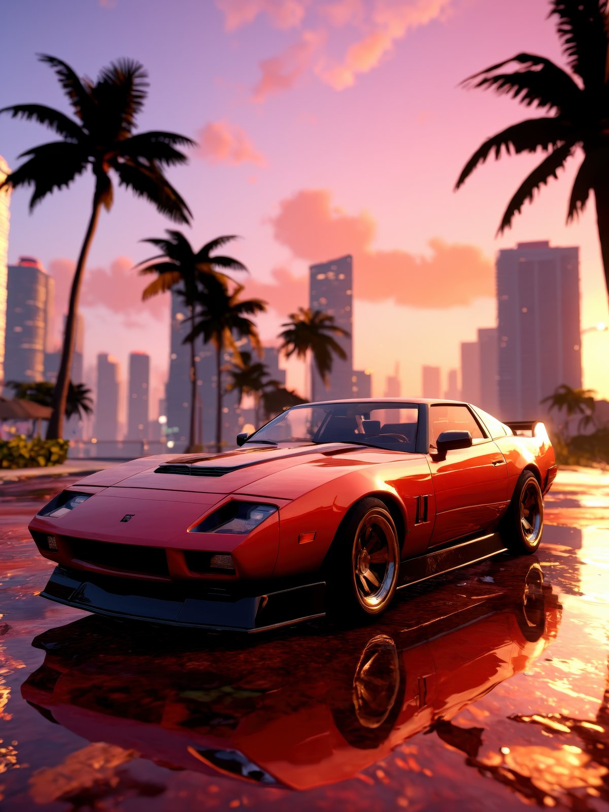 still next - gen ps 5 game grand theft auto 6 2 0 2 4 remaster, graphics mods, rain, red sunset, people, rtx reflections, gta vi, miami, palms and miami buildings, photorealistic screenshot, unreal engine, 4 k, 5 0 mm bokeh, close - up concept sport car!, gta vice city remastered, artstation