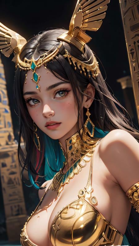 (best quality, masterpiece, colorful, dynamic angle, highest detailed) Realistic photo, fashion photography of a egyptian goddess, gold ornaments, gold reflection, flirting with POV, ultra detailed textures, perfect night, Egypt, pyramids, (intricate details, hyperdetailed:1.15), detailed, moonlight passing through hair, (official art, extreme detailed, highest detailed), HDR+