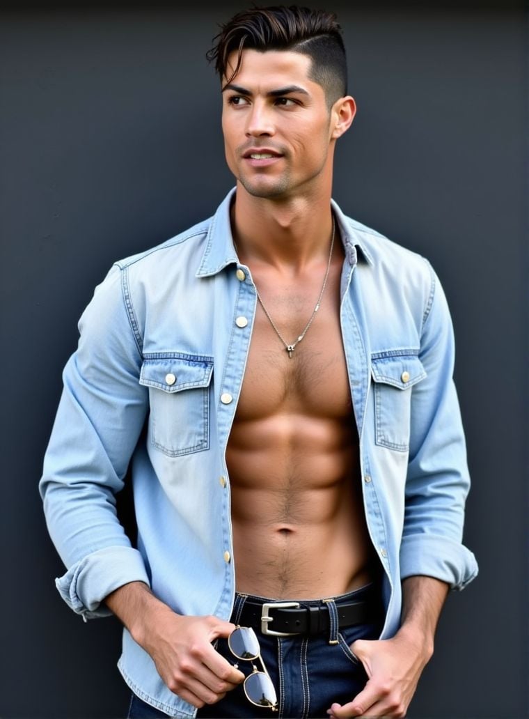 Cristiano Ronaldo ,  stands confidently in front of a dark gray wall. He wears a light denim shirt,  unbuttoned at the top...