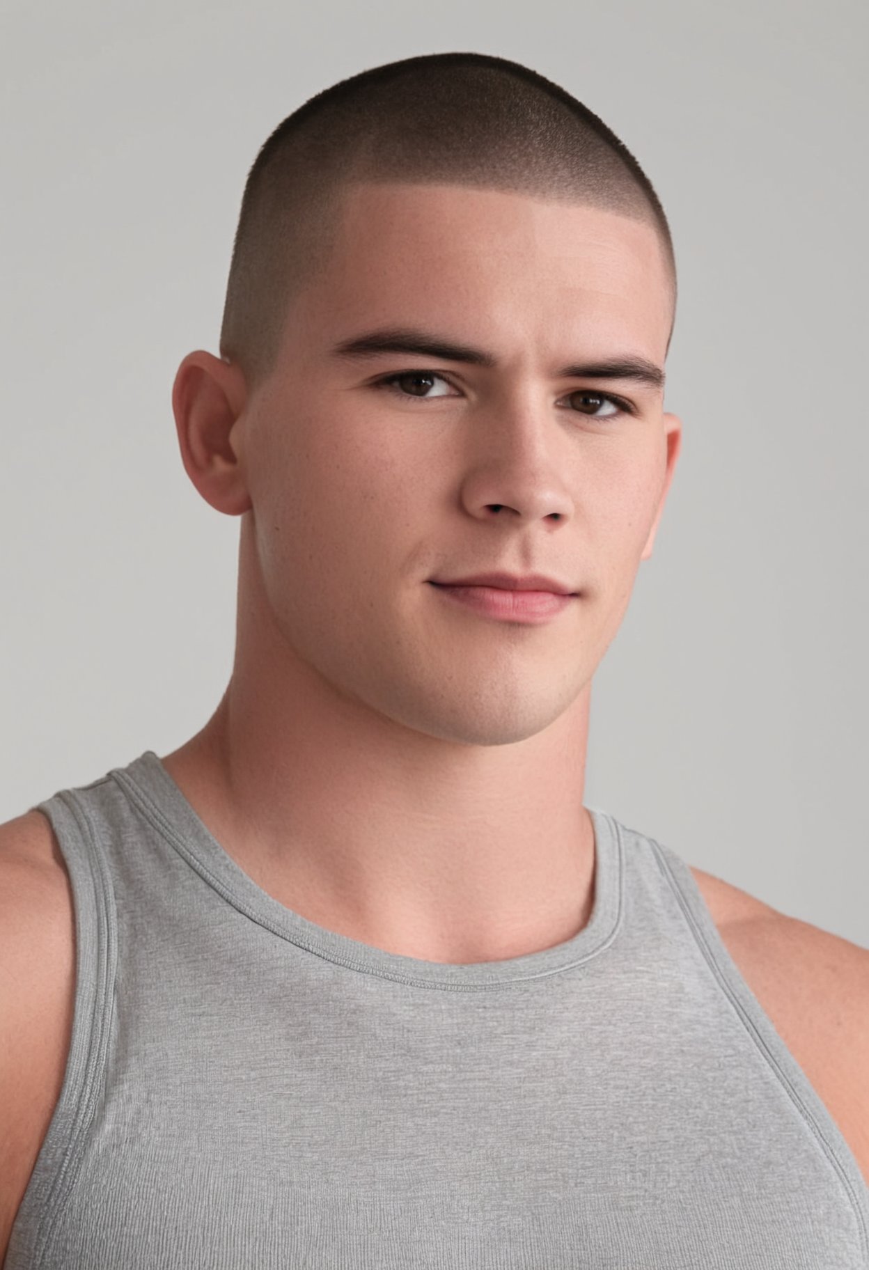 male focus,  close-up headshot of male jamieperson in a grey athletic tank top,  buzz cut by razputin on Tensor.Art