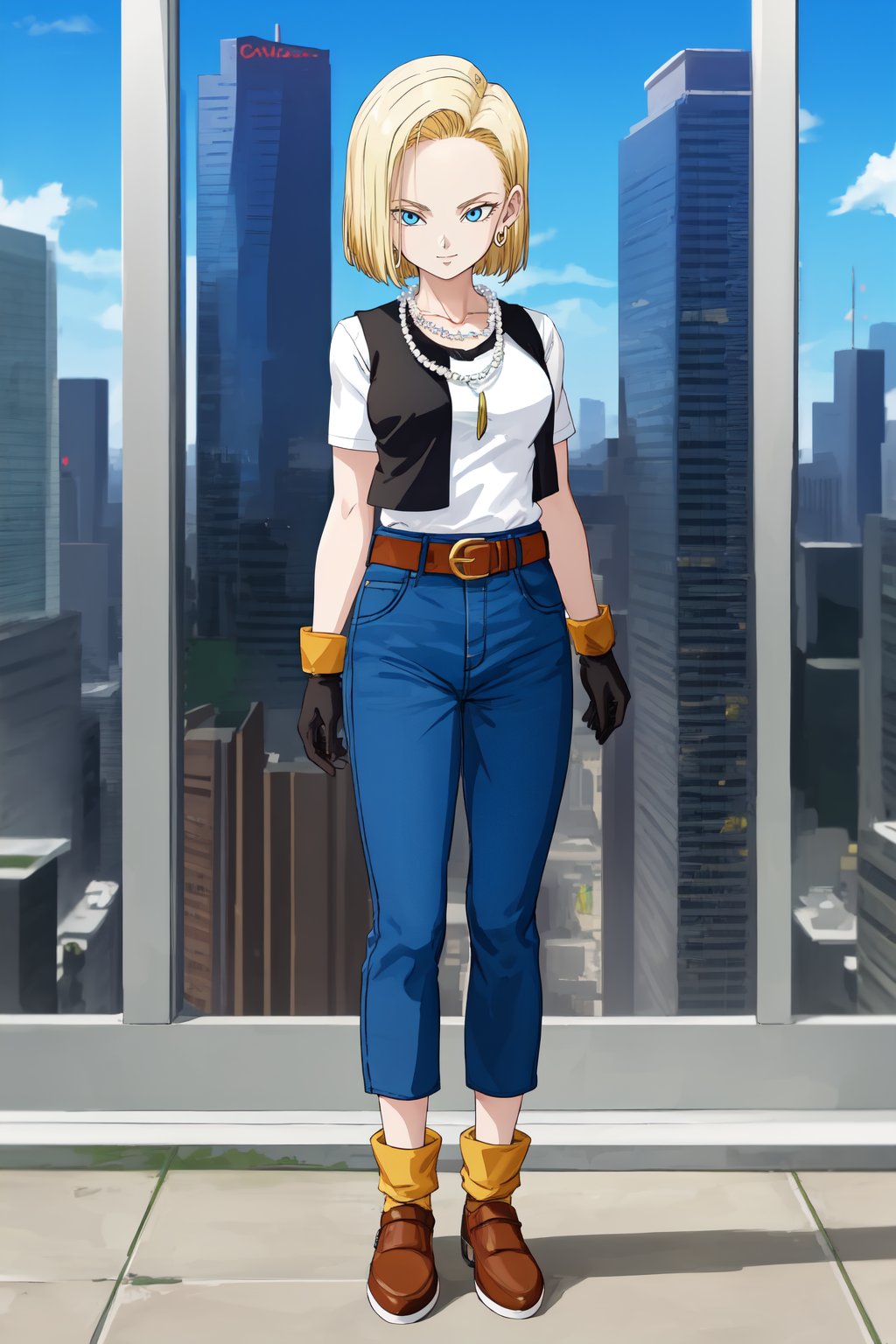 masterpiece, detailed face, android 18, 1girl, solo, looking at viewer, smile, short hair, blue eyes, blonde hair, city, retro artstyle, cityscape, skyscraper, shirt, gloves, jewelry, standing, collarbone, full body, white shirt, earrings, black gloves, belt, pants, necklace, denim, watch, orange socks, open black vest <lora:4ndro1d_18-000008:0.8>